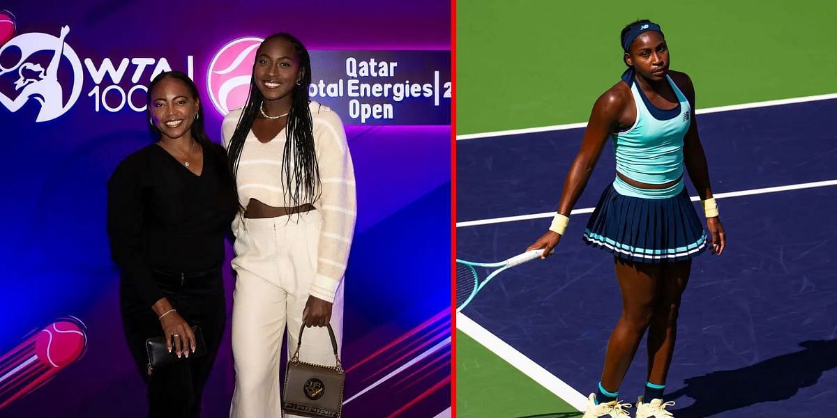 Coco Gauff with her mother Candi (L) at the Indian Wells (R) | Getty