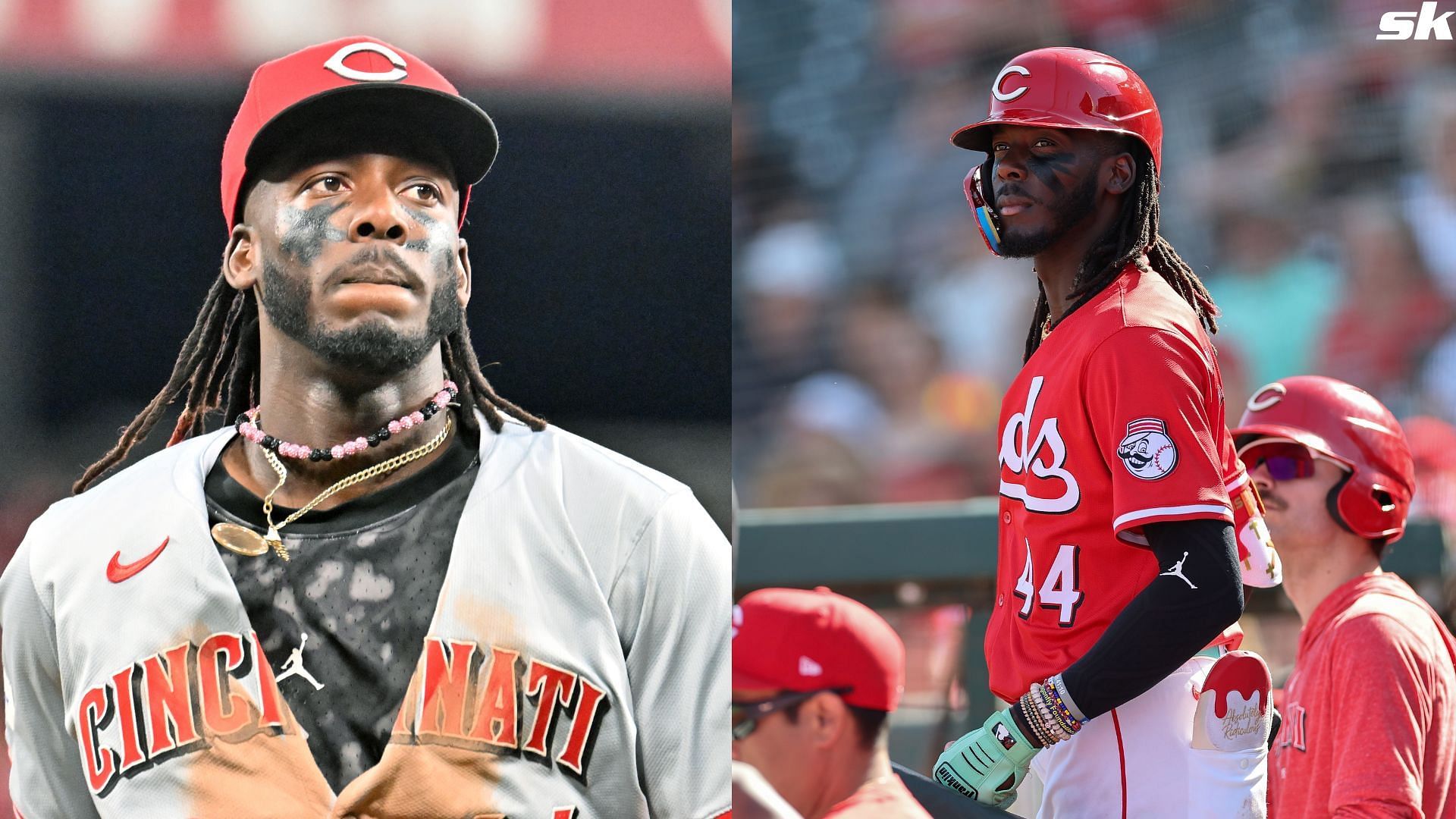 Elly De La Cruz of the Cincinnati Reds stands in the dugout during a spring training game against the Arizona Diamondbacks at Goodyear Ballpark (Source: Getty)