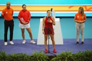 Aryna Sabalenka (center) delivering the winner's speech after winning the 2025 Miami Open women's singles final (Source: Getty)