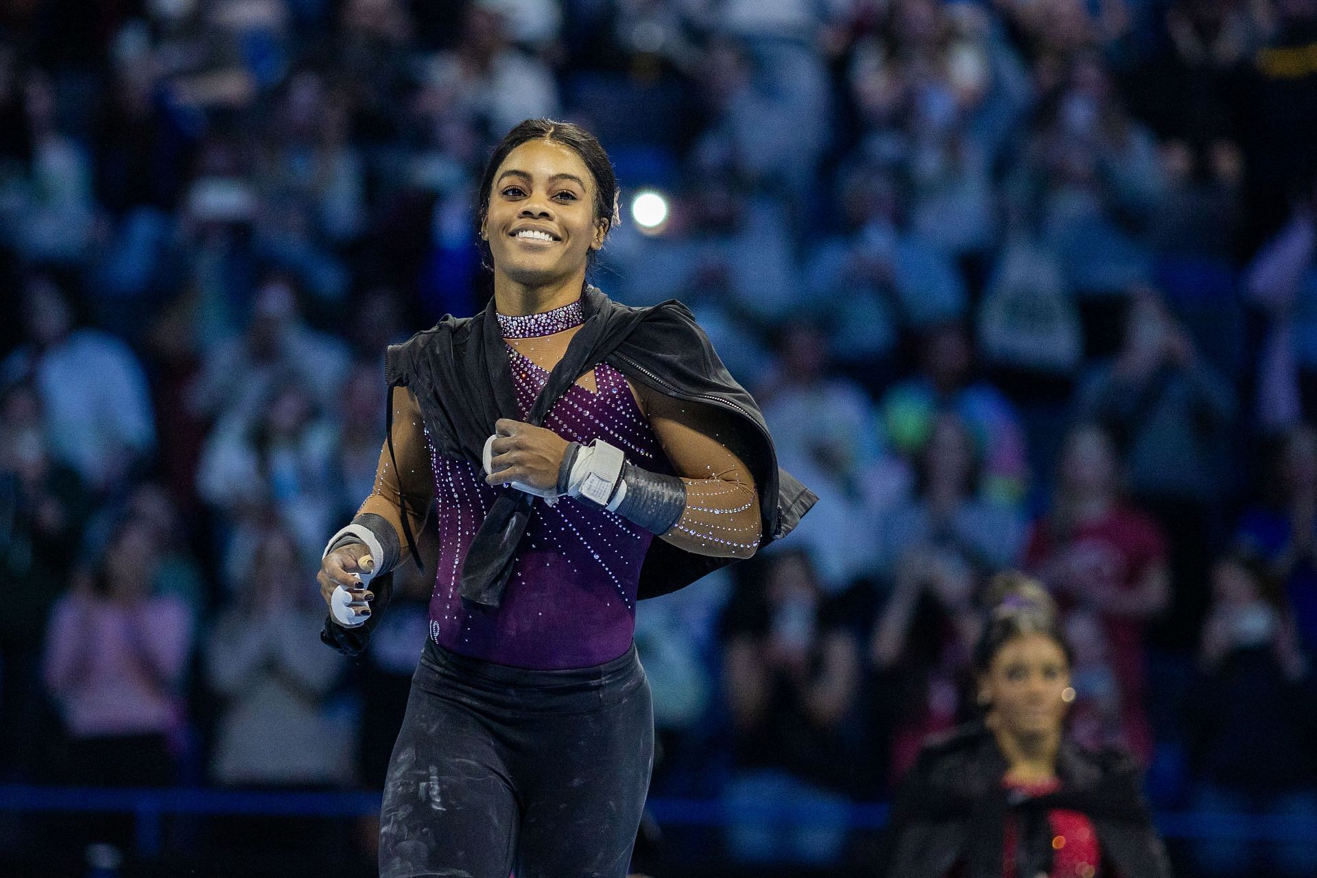 Gabby Douglas at the 2024 Core Hydration Gymnastics Classic (Photo by Tim Clayton/Corbis via Getty Images)