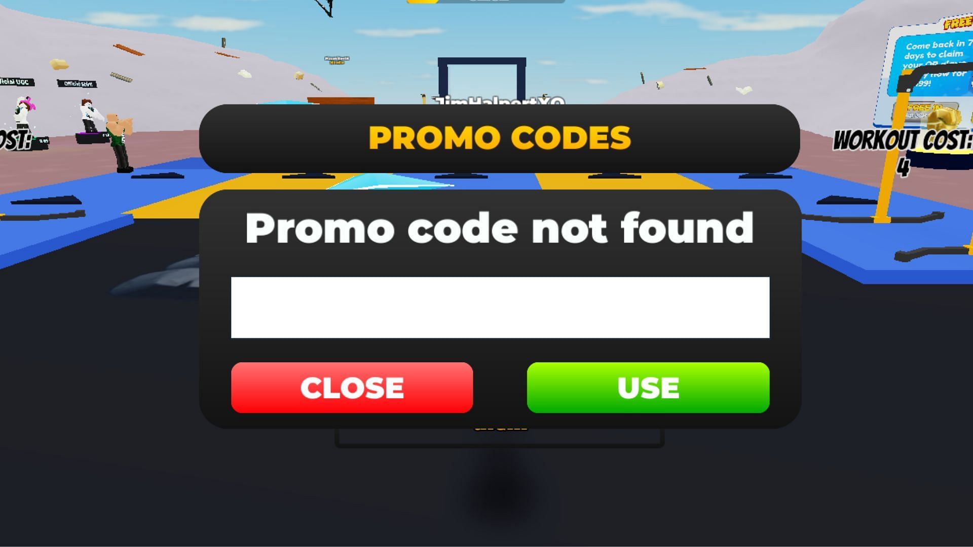 Solving the &quot;promo code not found&quot; issue in Strongman Smash (Image via Roblox)