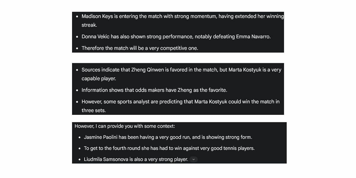 Gemini AI&#039;s prediction for Madison Keys, Zheng Qinwen, and Jasmine Paolini&#039;s Indian Wells matches.