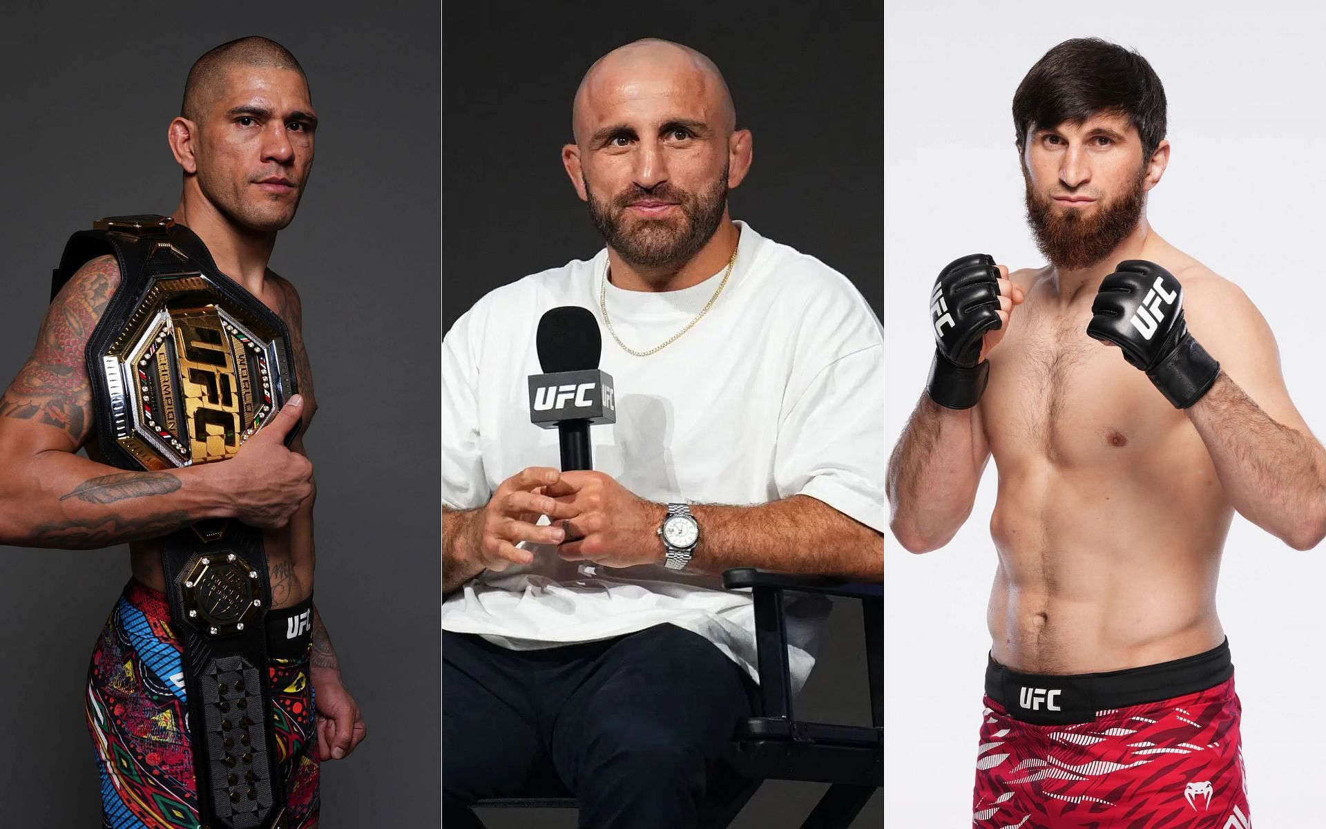 Alexander Volkanovski (middle) speaks about Alex Pereira (left) vs. Magomed Ankalaev (right) [Image courtesy: Getty]