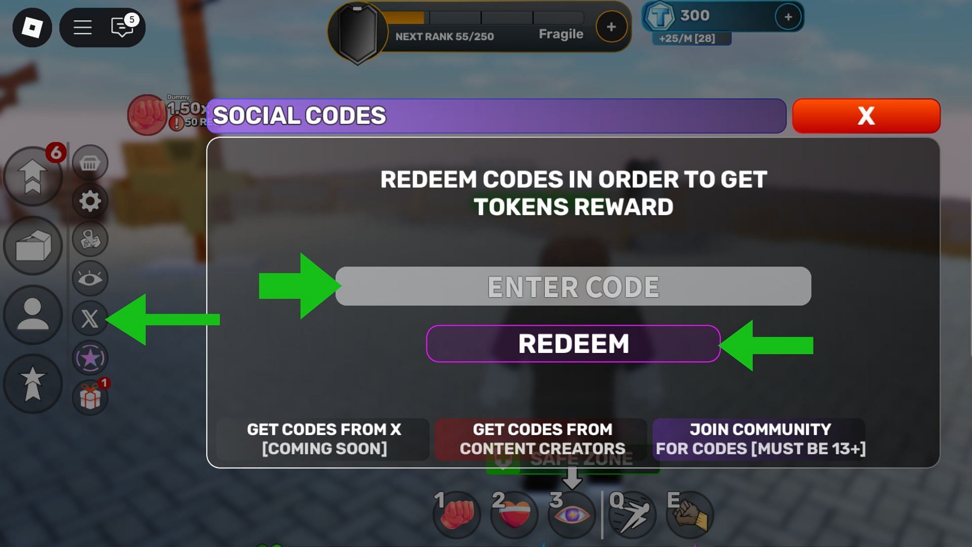 Click the X icon to open the Social Codes window (Image via Roblox)