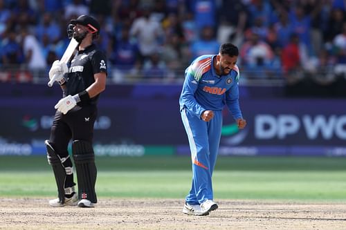 Varun Chakaravarthy picked up nine wickets at an economy rate of 4.53 in three innings in the 2025 Champions Trophy. [P/C: Getty]