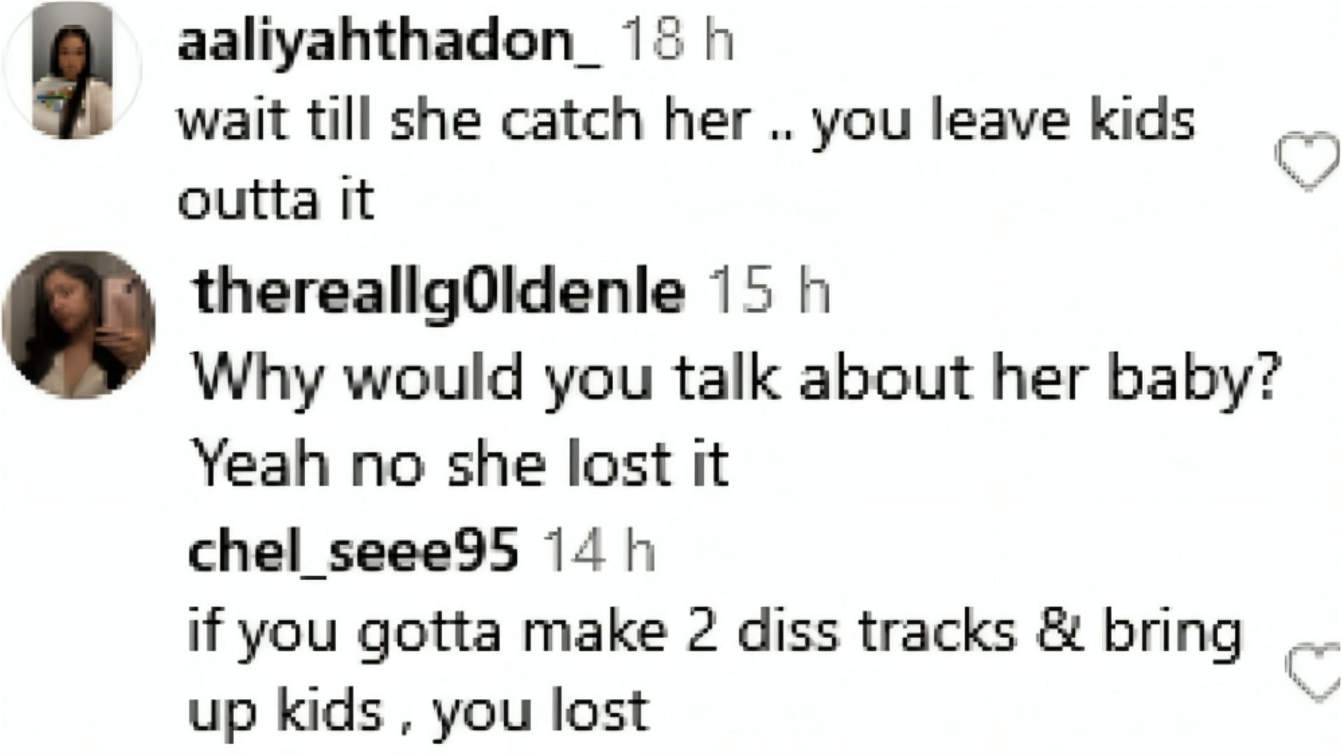 Netizens reacted as Alabama Barker teased Bhabie diss track (Image via Instagram / @aaliyahthadon_ / @thereallg0ldenle / @chel_seee95)