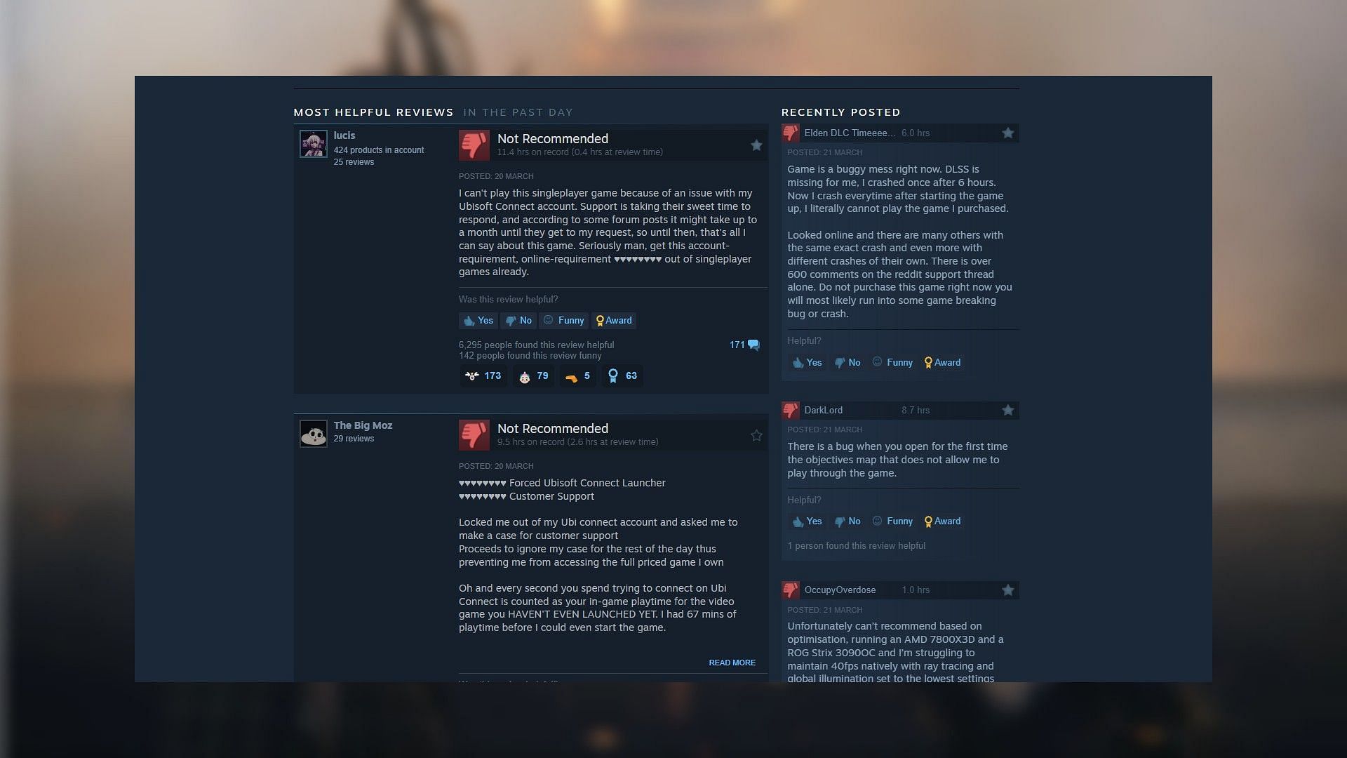 Assassin&#039;s Creed Shadows negative reviews on Steam (Image via Ubisoft/Steam)