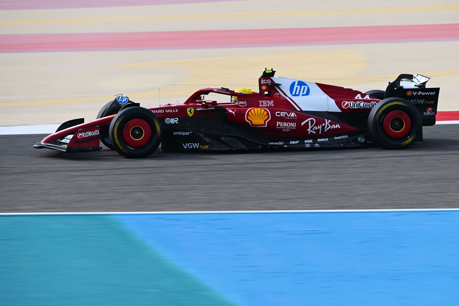 Lewis Hamilton driving the (44) Scuderia Ferrari SF-25 on track during day three of F1 Testing at Bahrain International Circuit  - Source: Getty