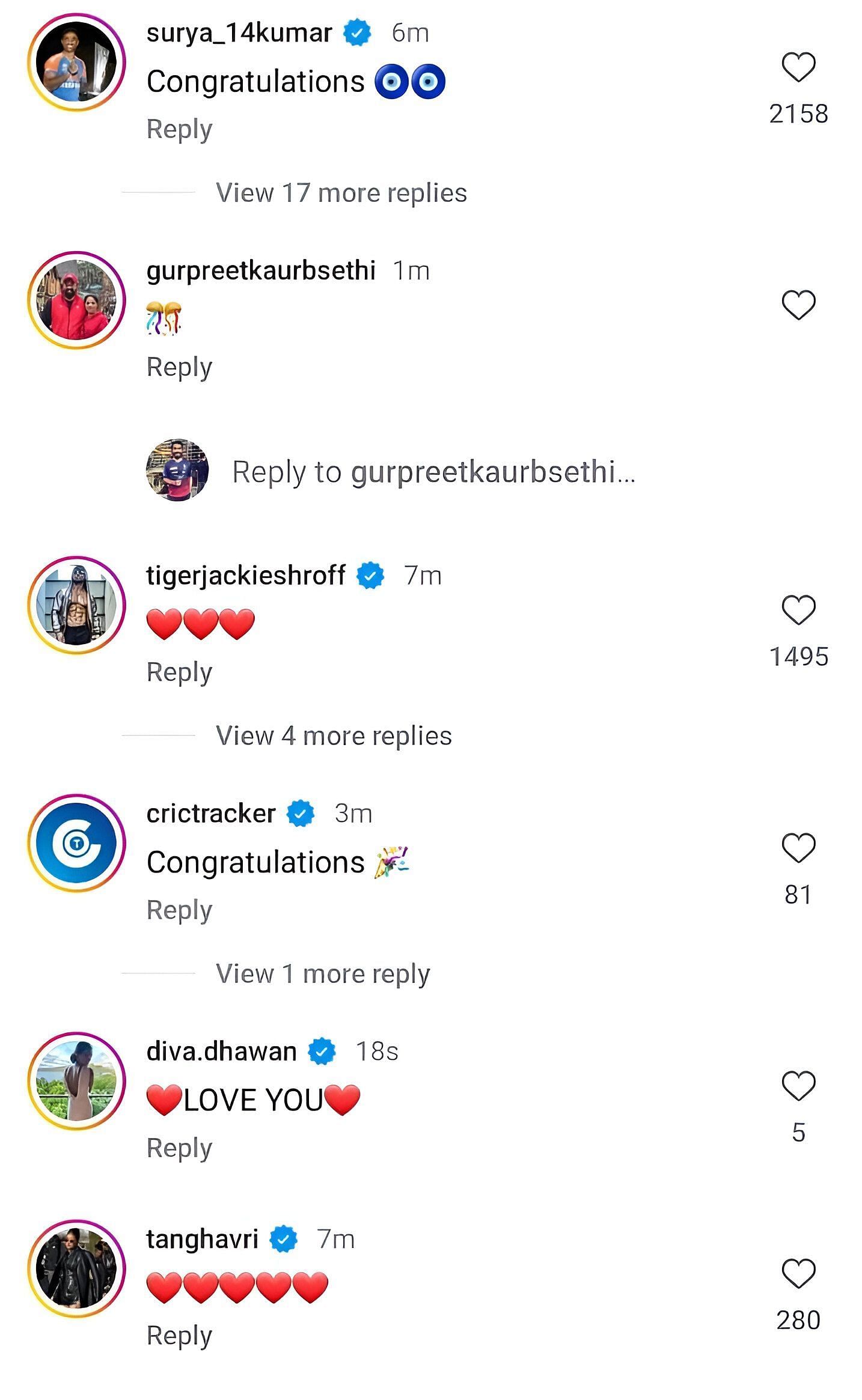 Suryakumar Yadav and Tiger Shroff react to Athiya Shetty's Instagram post (Image Credits: Athiya Shetty/IG)
