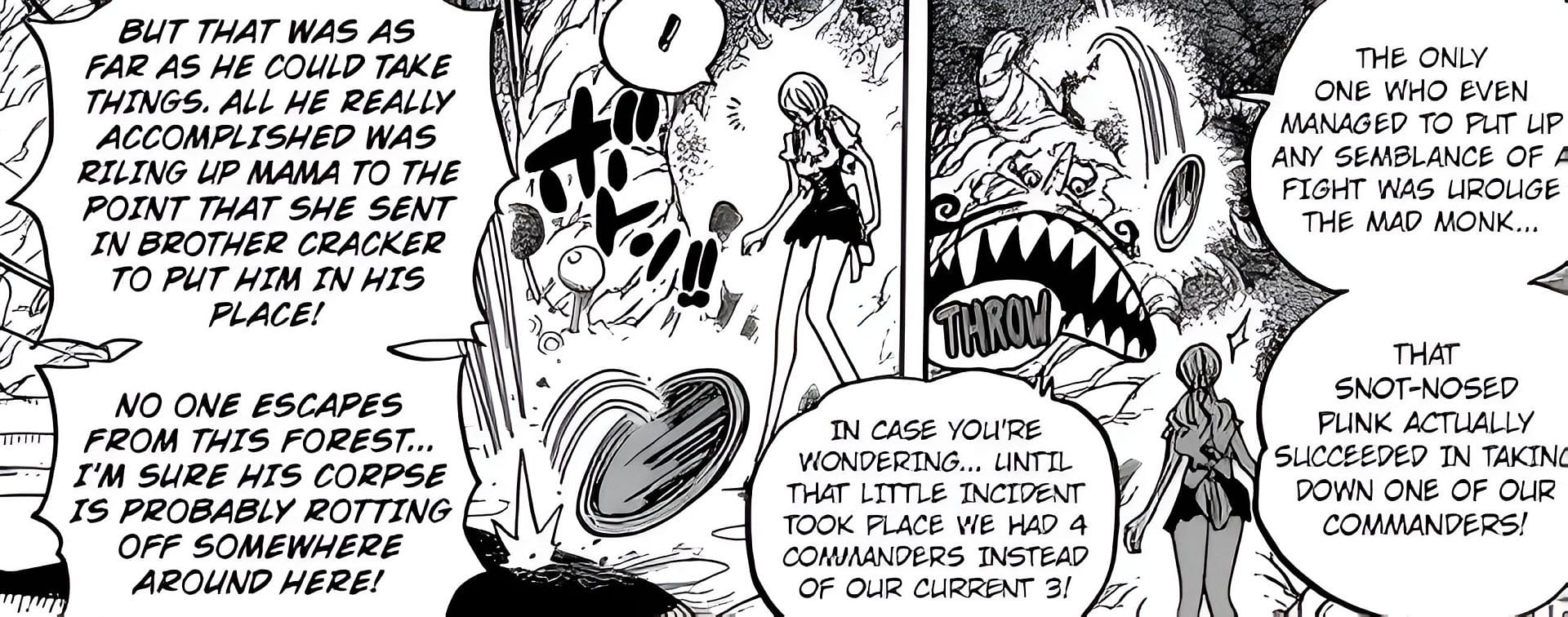 Brulee mentioning the defeat of Commander Snack (Image via Eiichiro Oda/Shueisha)