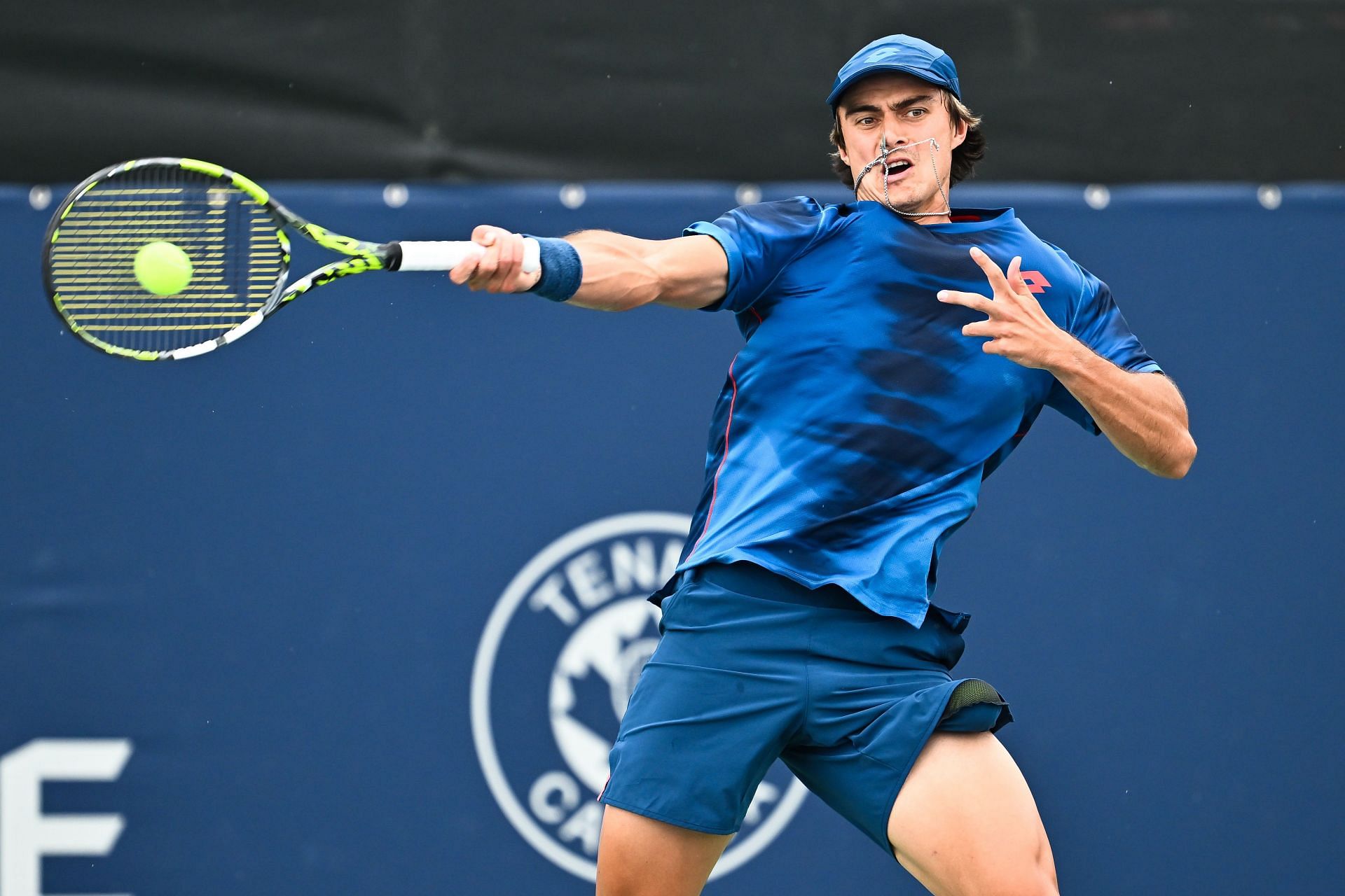 Adam Walton of Australia plays a forehand against Billy Harris of the United Kingdom in the Men&#039;s Singles qualifying round match during the ATP Masters 1000 National Bank Open in 2024 - Previews - Source: Getty