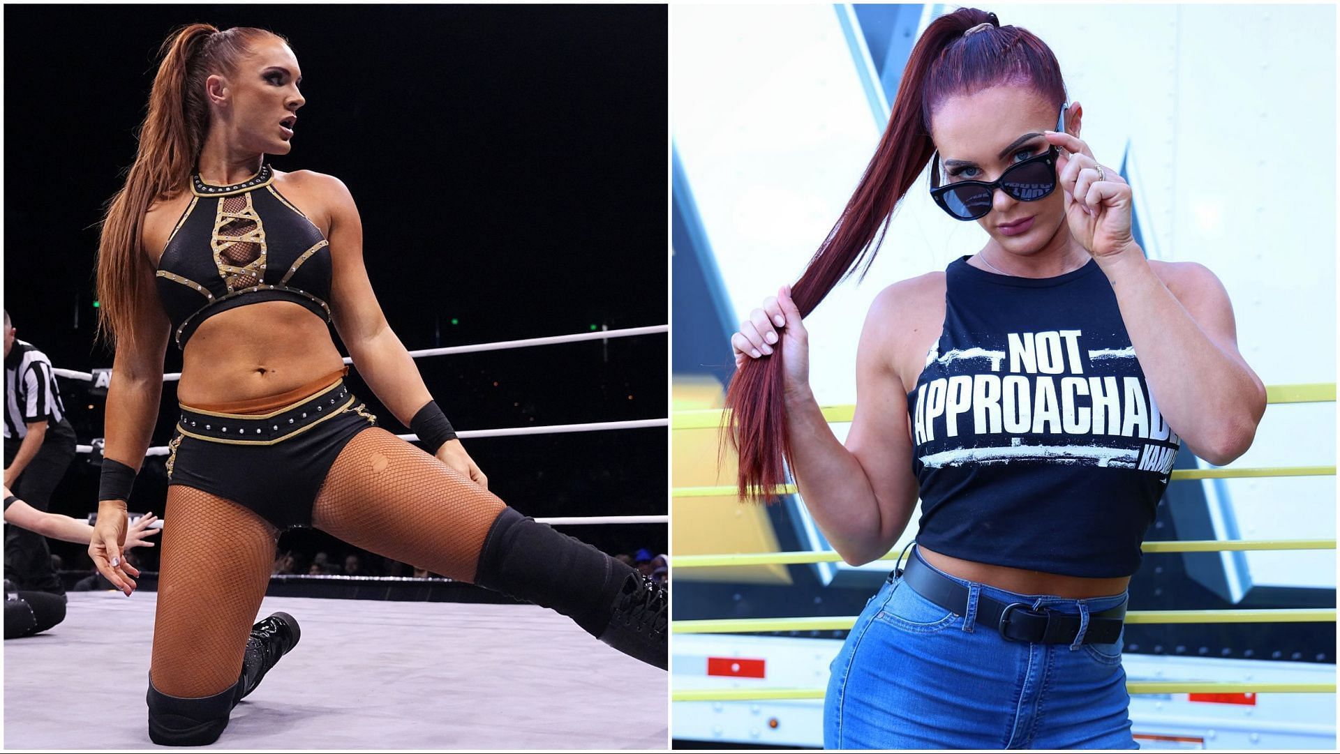 Kamille on AEW Rampage, showing off her AEW t-shirt