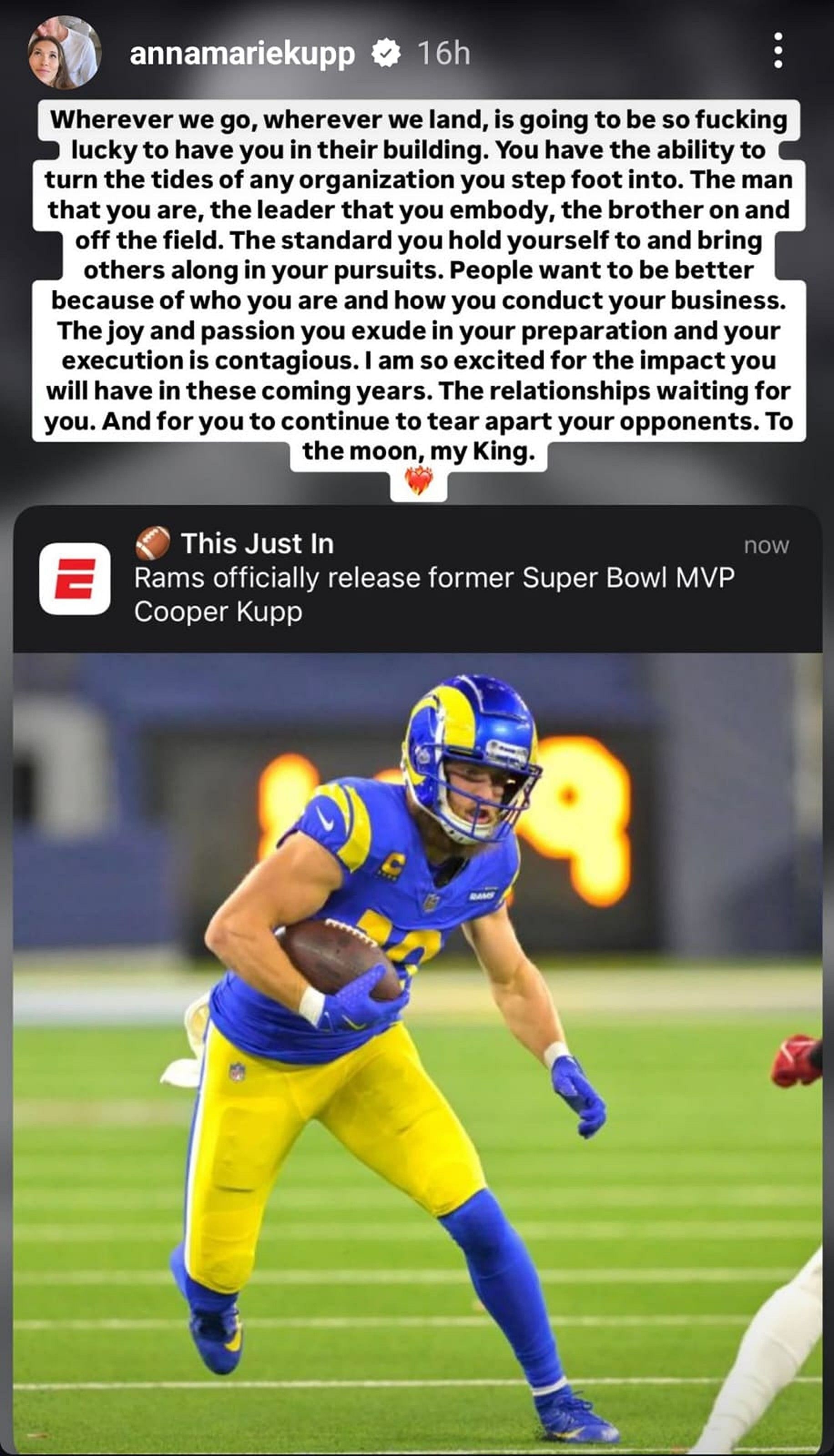 Still from Cooper Kupp&#039;s wife Anna&#039;s Instagram story/@annamariekupp