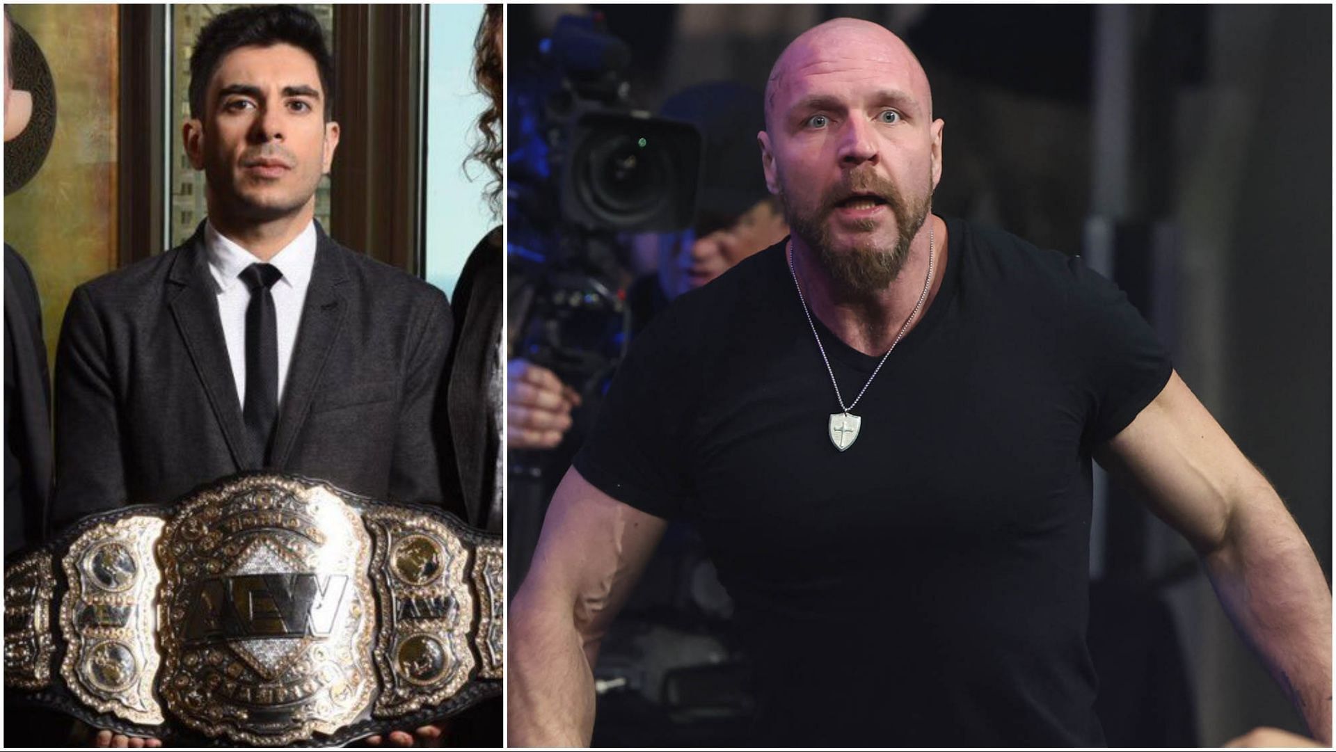 AEW President Tony Khan with the World Championship, current champion Jon Moxley