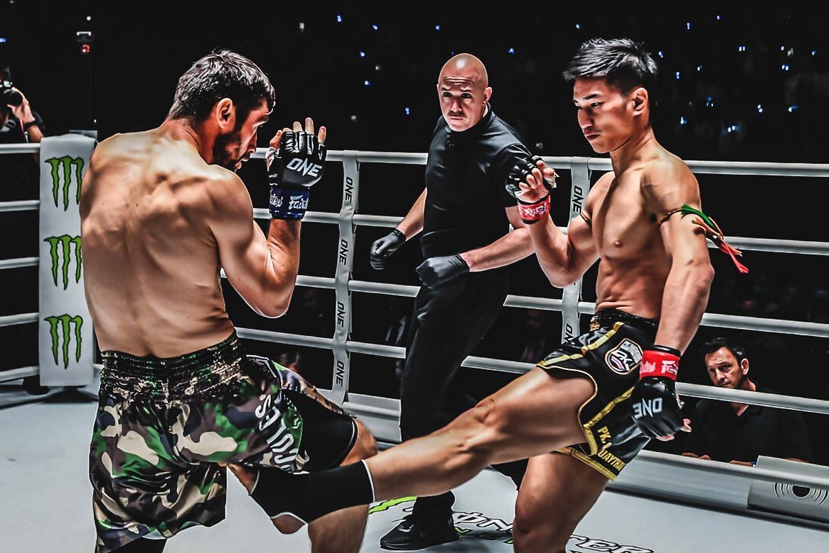 Tawanchai landing the fight-ending leg kick against Jamal Yusupov. [Photo via: ONE Championship]