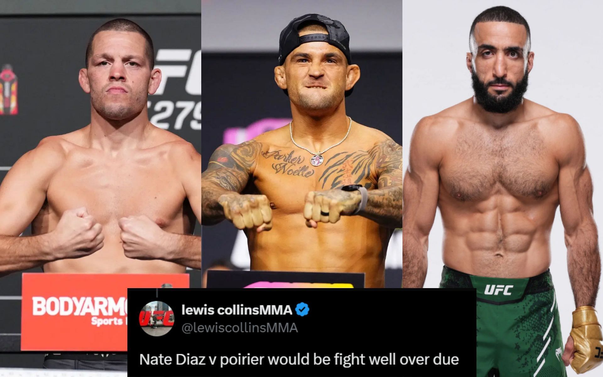 Fans react by mentioning Nate Diaz (left), Dustin Poirier (middle), and Belal Muhammad (right) as the former UFC fighter wishes to return to the UFC. [Image courtesy: Getty]