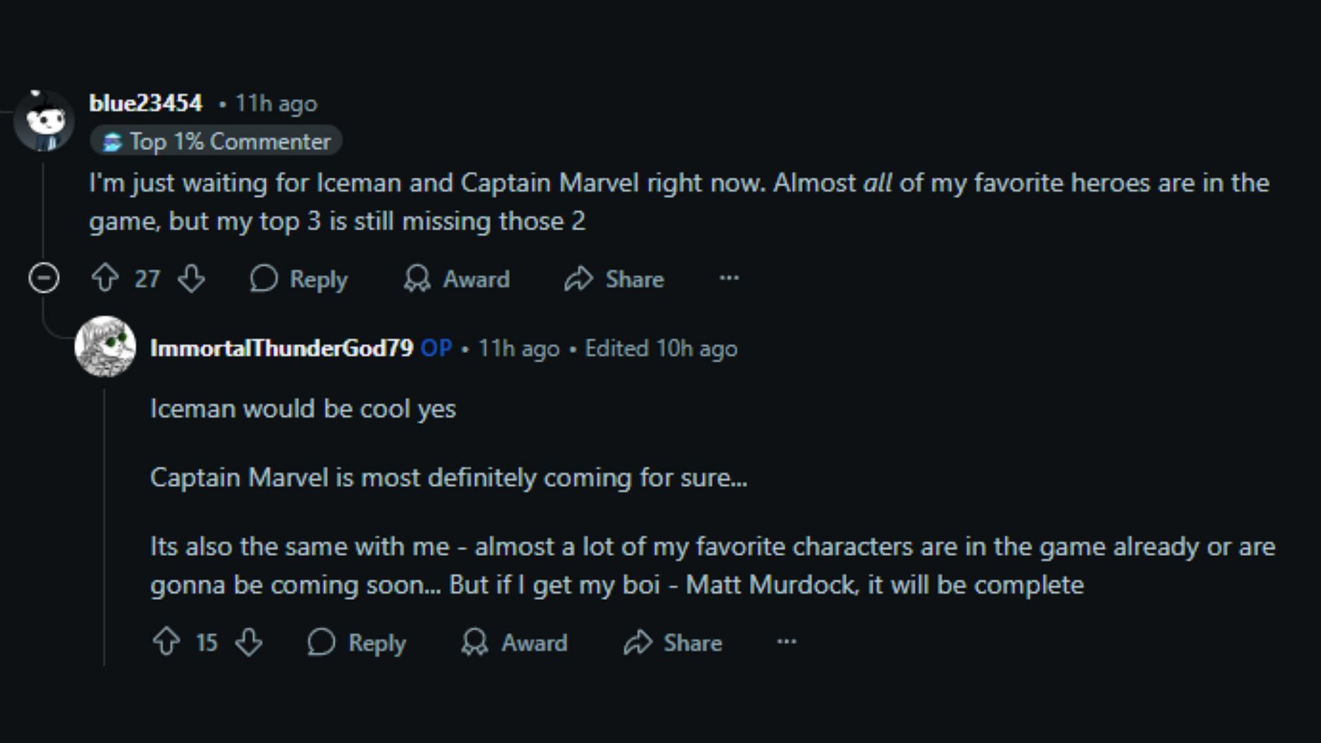 Reddit users discussing the addition of Iceman and Captain Marvel (Image via Reddit)