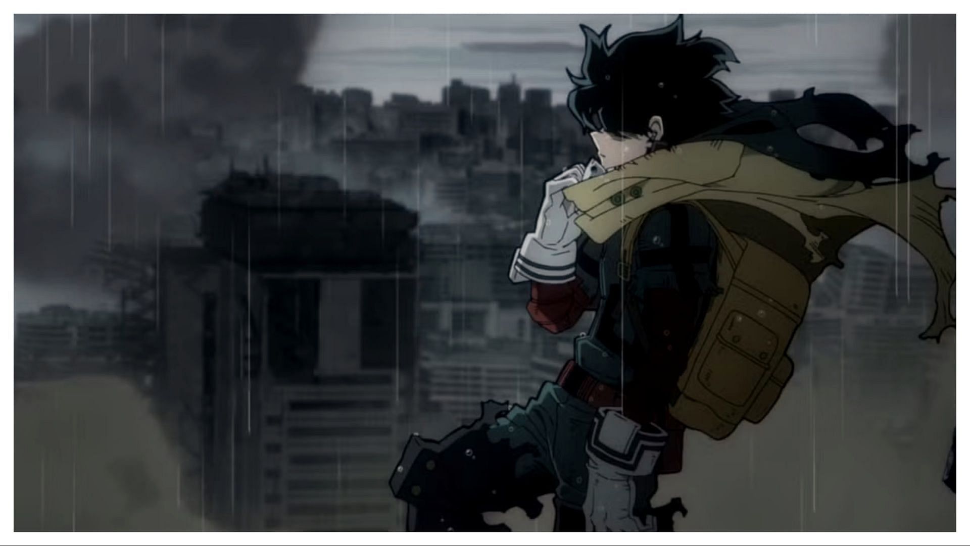 Deku is staring at a destroyed Jaku City, as shown in the My Hero Academia ending (Image via Studio Bones)