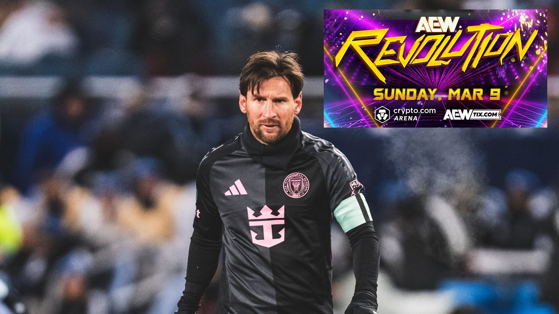 Lionel Messi and the AEW Revolution logo. (Image credits: Inter Miami &amp; AEW Twitter page)