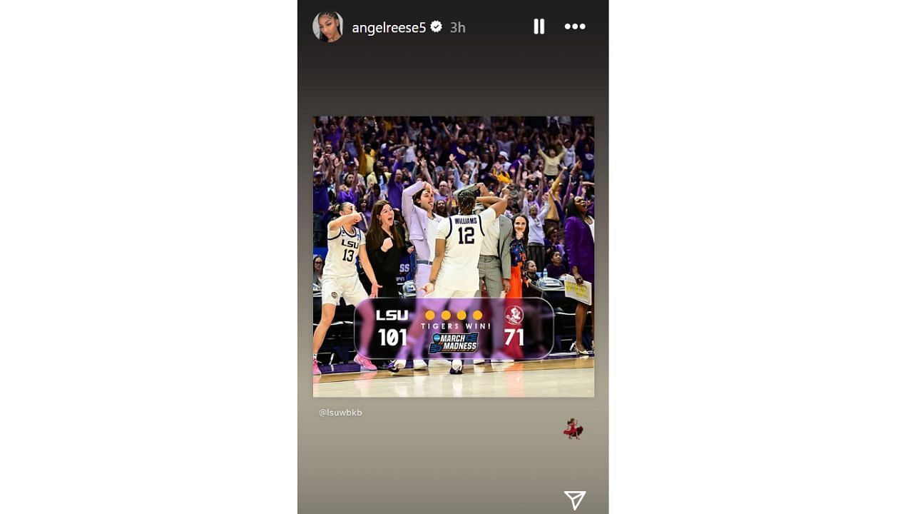 Angel Reese reacting to LSU&#039;s 101-71 win over Florida State on Monday in March Madness. [photo: @angelreese5/IG]