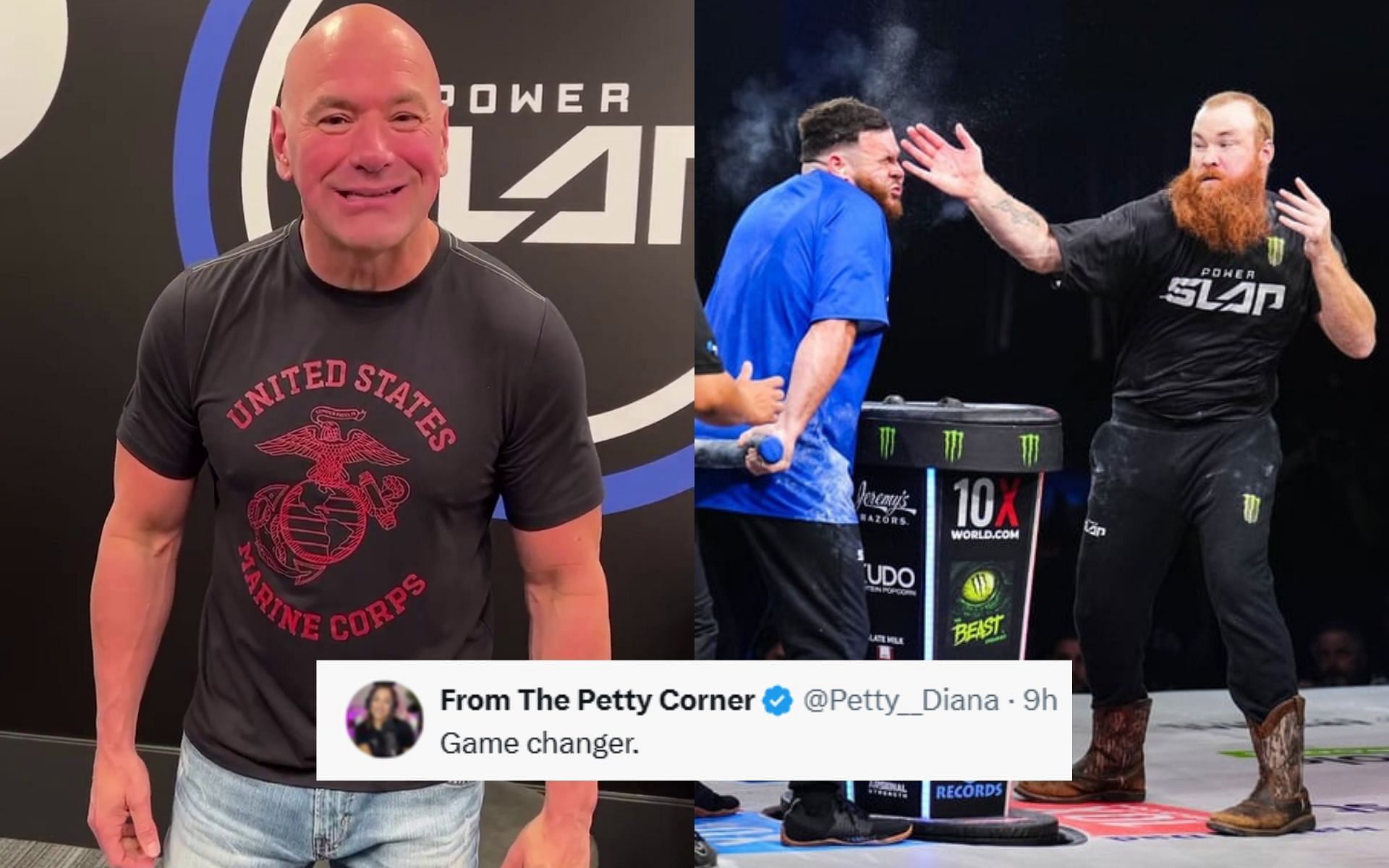 Dana White (left) reveals a new platform for Power Slap events (right). [Images courtesy: @danawhite on Instagram and powerslap.komi.io]