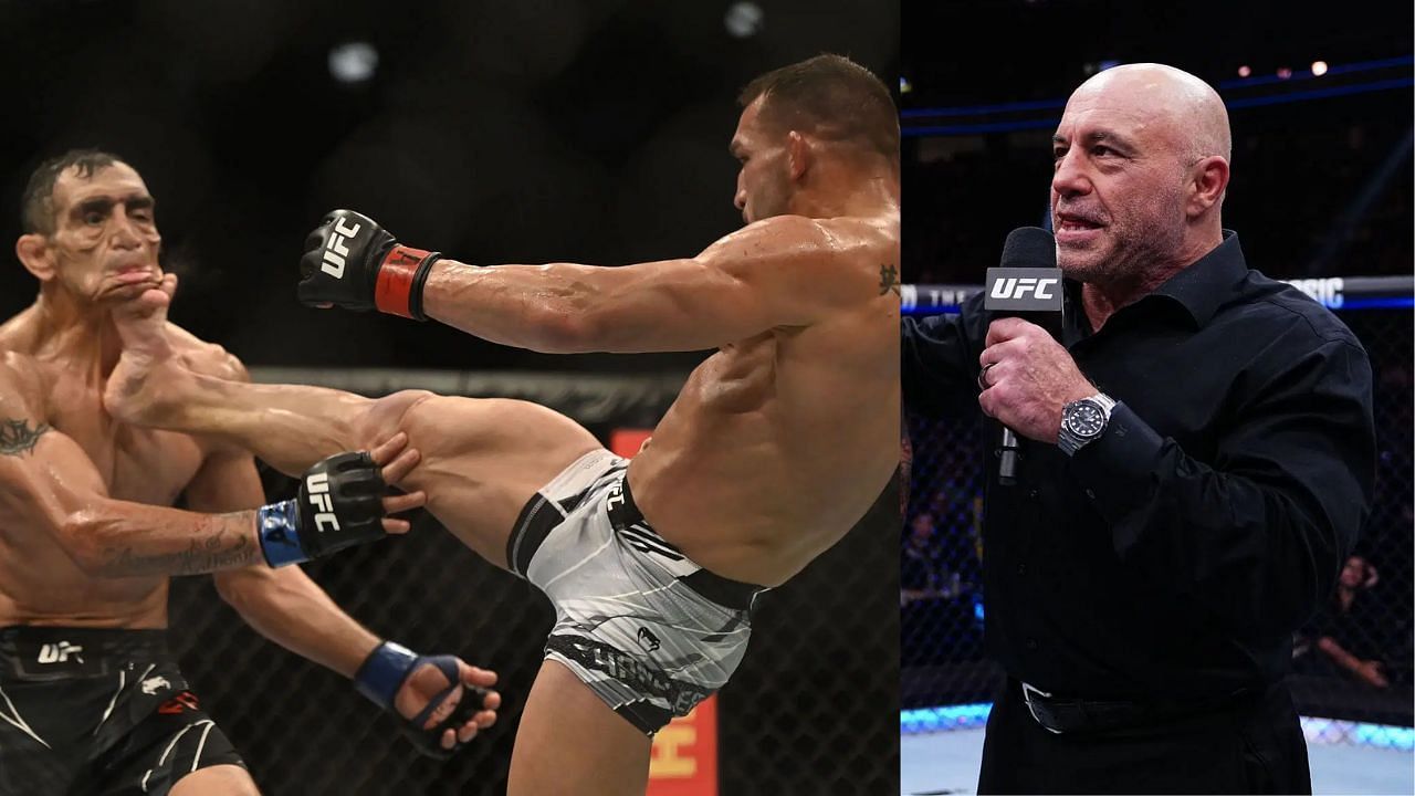 Michael Chandler kicking Tony Ferguson(Left) and Joe Rogan (Right)