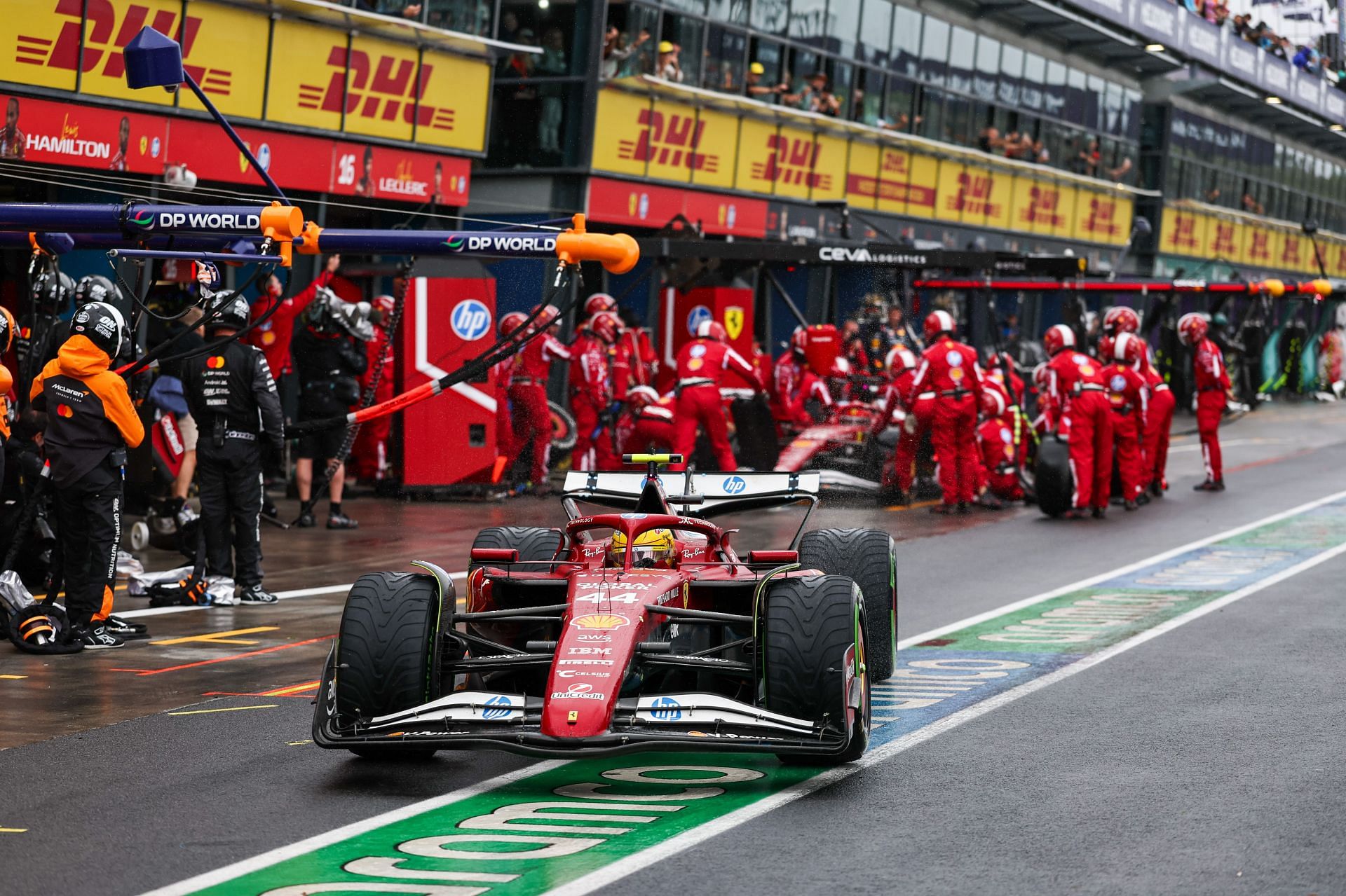 Lewis Hamilton of Great Britain drives the (44) Ferrari SF-25 in the pit stop during the Race of the F1 Grand Prix of Australia - Source: Getty