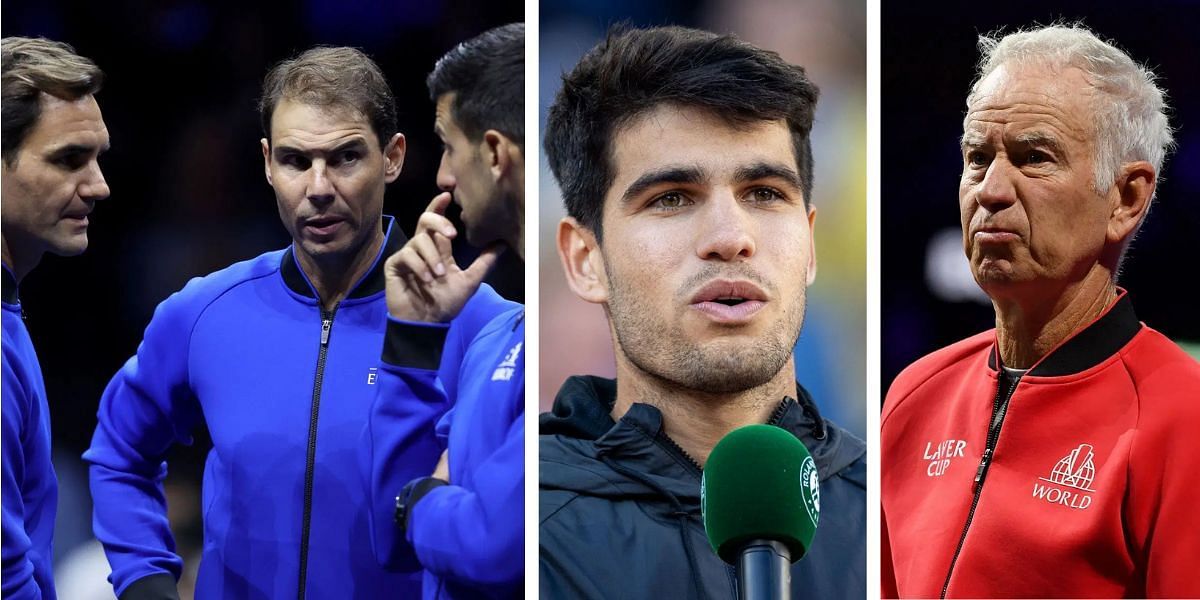 Roger Federer, Rafael Nadal and Novak Djokovic (L), Carlos Alcaraz (C), and John McEnroe (R); ( Source - Getty Images)