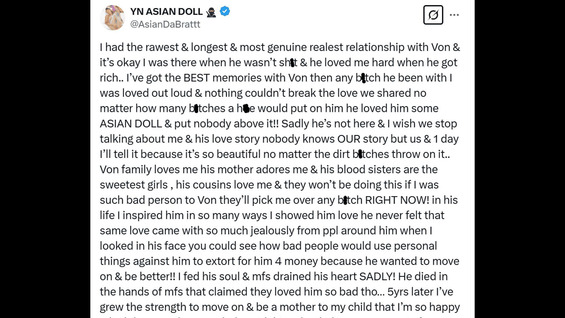 Asian Doll&#039;s post on King Von. (Image via X)