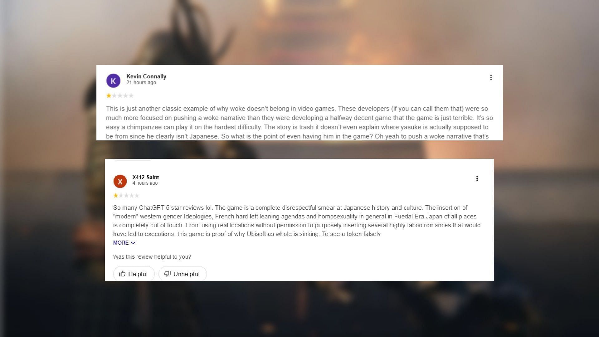 Assassin&#039;s Creed Shadows 1-star reviews on Google (Image via Google/Ubisoft)