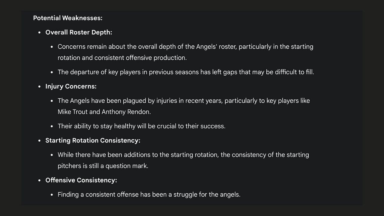 Google Gemini believes the Angels&#039; starting pitching rotation and overall roster depth could be factors that hold them back in 2025 (Image from - Gemini.google.com)