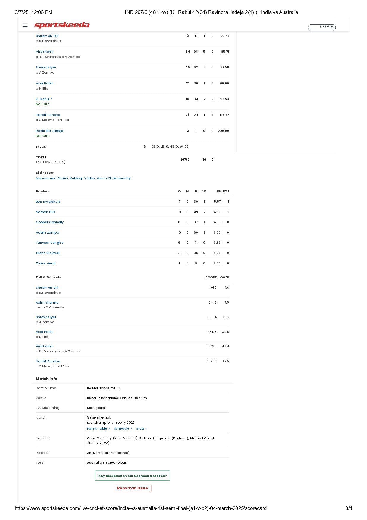 IND vs AUS Champions Trophy 2025 semifinal scorecard. [Credits: Sportskeeda]