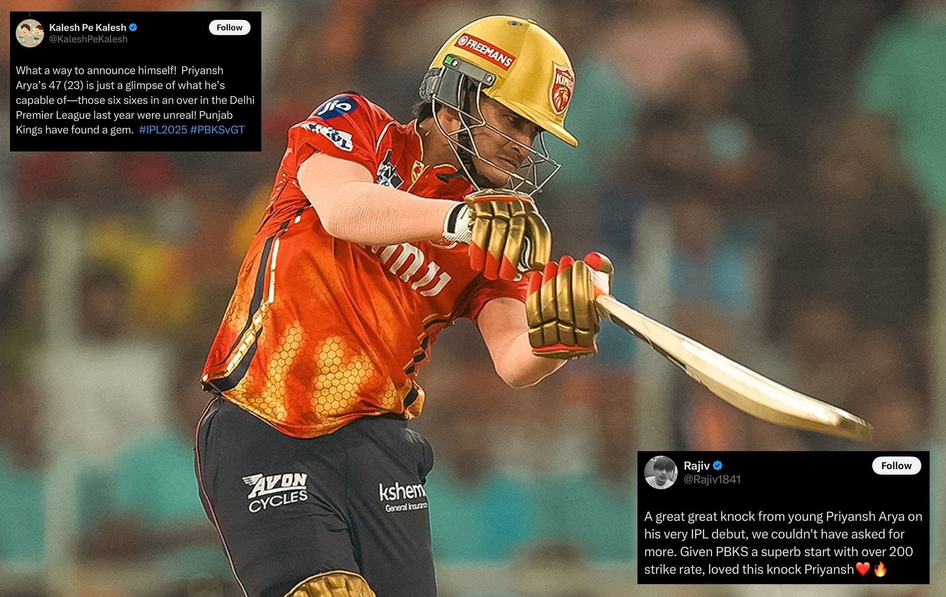 Priyansh Arya narrowly missed out on a well-deserved fifty. (Pics: X/@PunjabKingsIPL/@KaleshPeKalesh/@Rajiv1841).