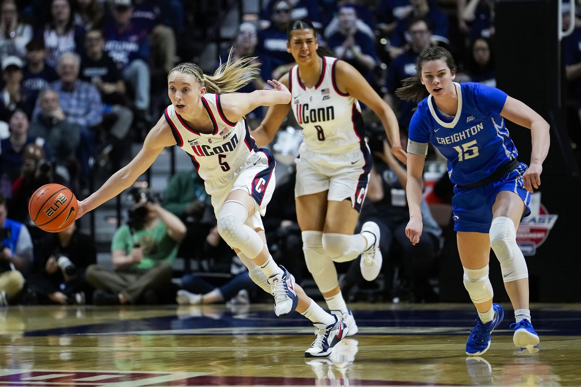 Paige Bueckers (#5) of the Connecticut Huskies gets the loose ball against the Creighton Bluejays in the first half during the championship game of the Big East Women&rsquo;s Basketball Tournament at Mohegan Sun Arena on March 10, 2025. Photo: Getty