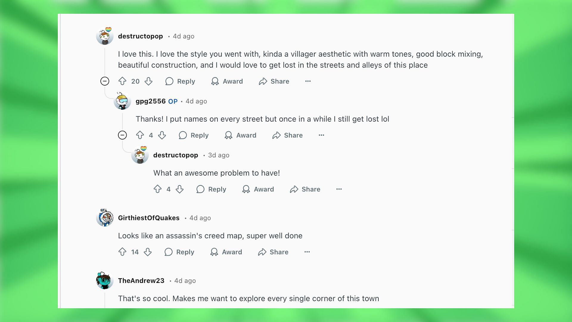 Redditors react to the town build (Image via Reddit)