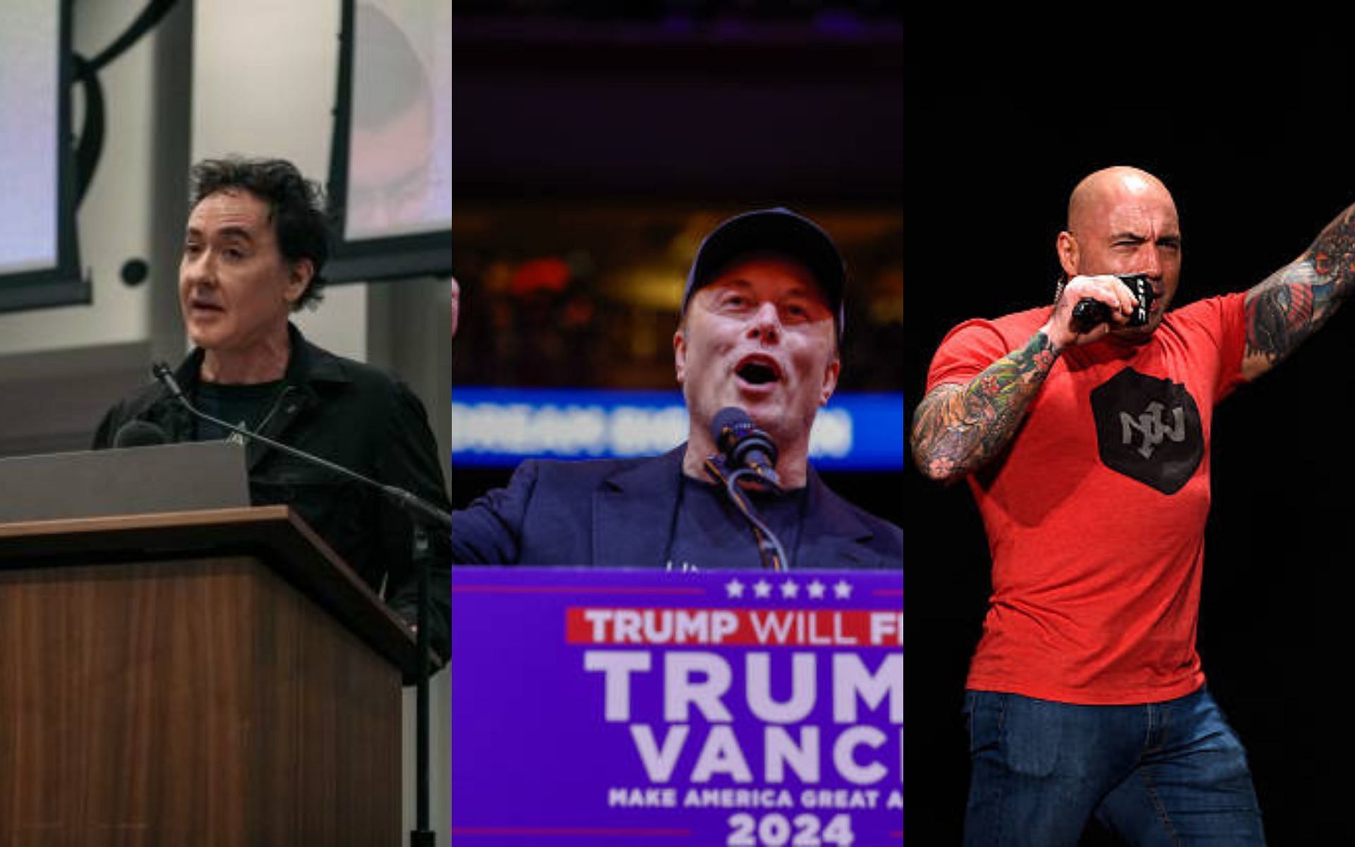 John Cusack (left) criticizes Joe Rogan (right) for having Elon Musk (center) on his show. [Images courtesy: Getty]