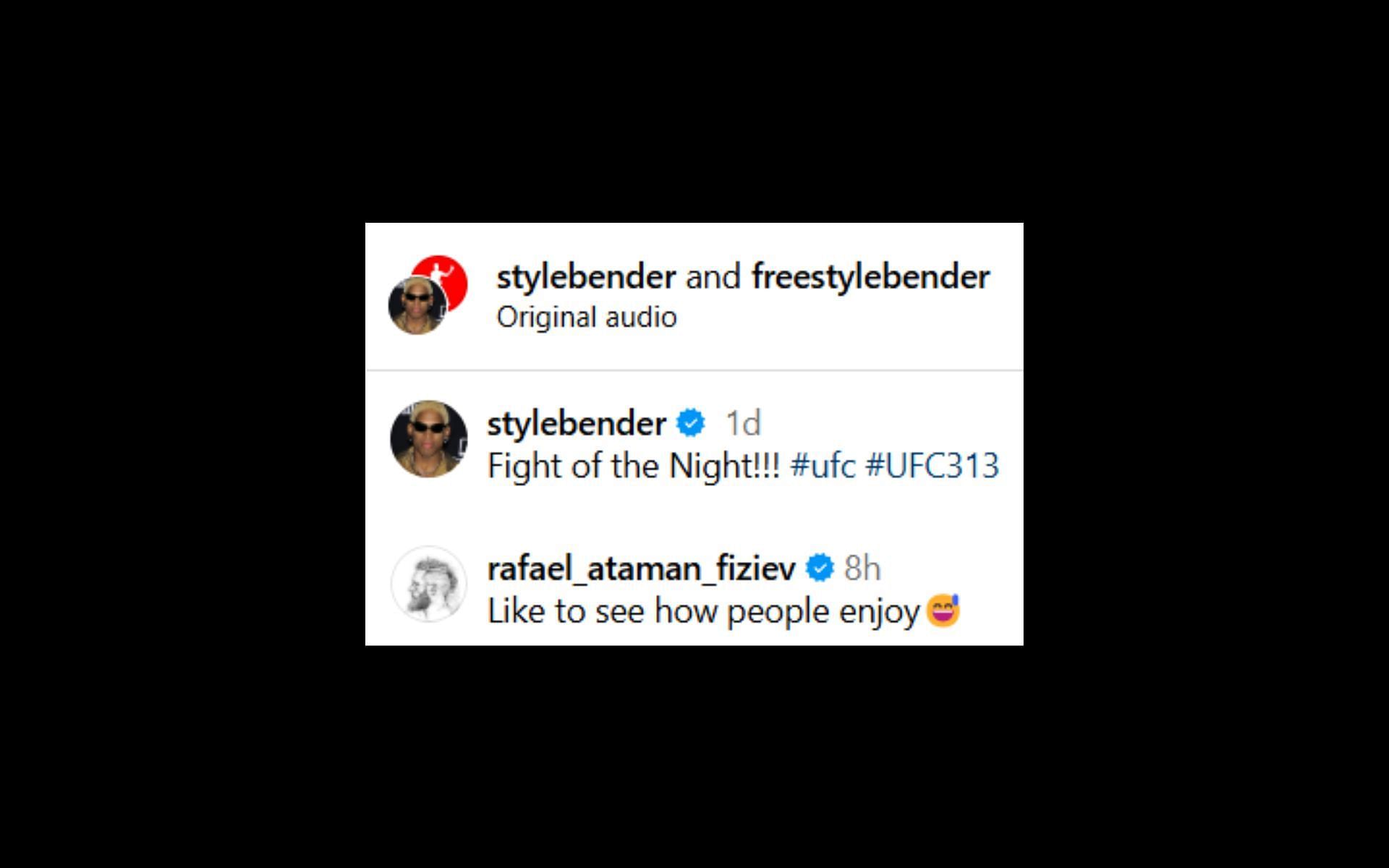 Rafael Fiziev reacts to Israel Adesanya&#039;s live reaction of UFC 313 co-main event. [Screenshots courtesy: @stylebender on Instagram]