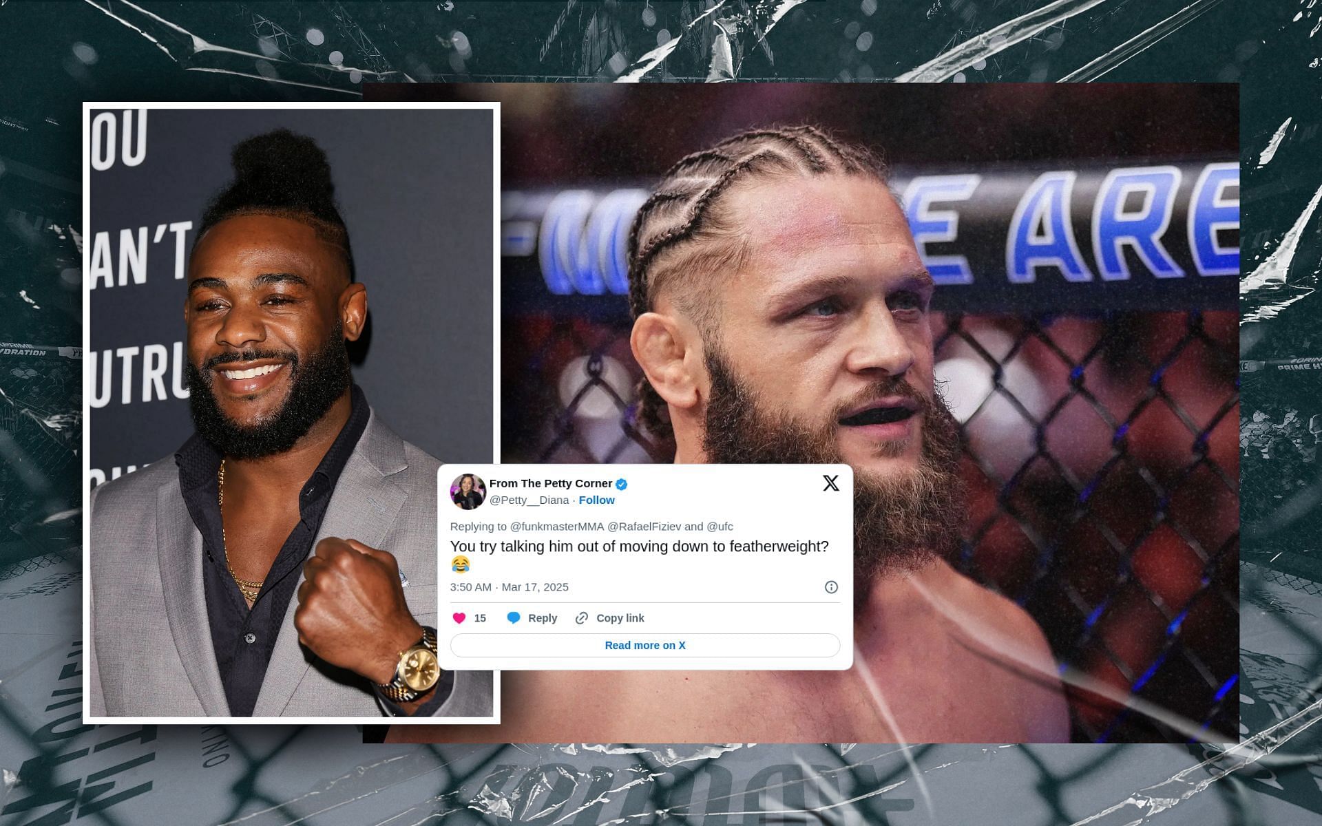 Fans react to Aljamain Sterling (inset) posting snaps with Rafael Fiziev (right). [Image(s) courtesy: Getty Images]