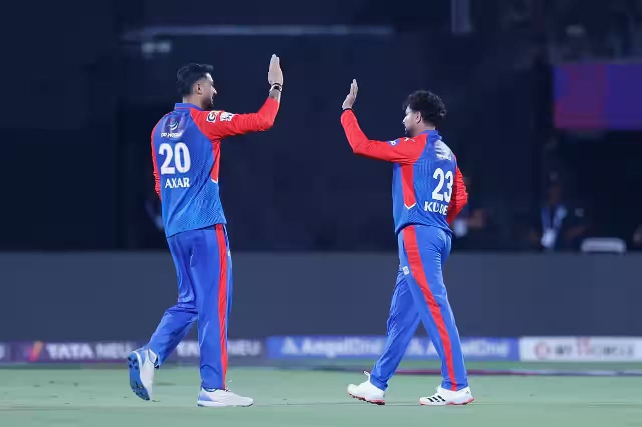 Kuldeep Yadav (right) registered figures of 2/20 in four overs in DC&#039;s IPL 2025 clash against LSG. [P/C: iplt20.com]