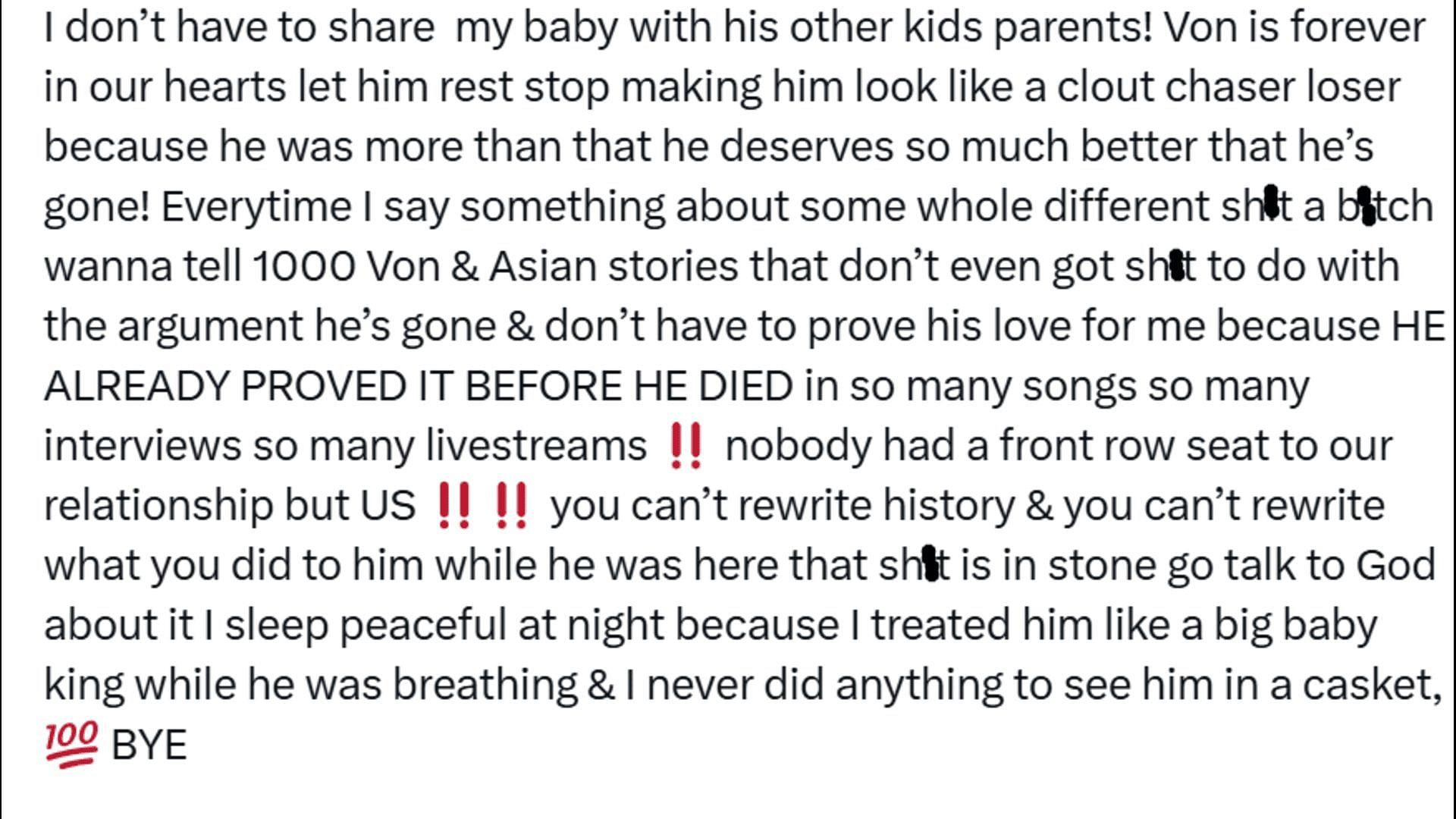 Asian Doll&#039;s post on King Von. (Image via X)