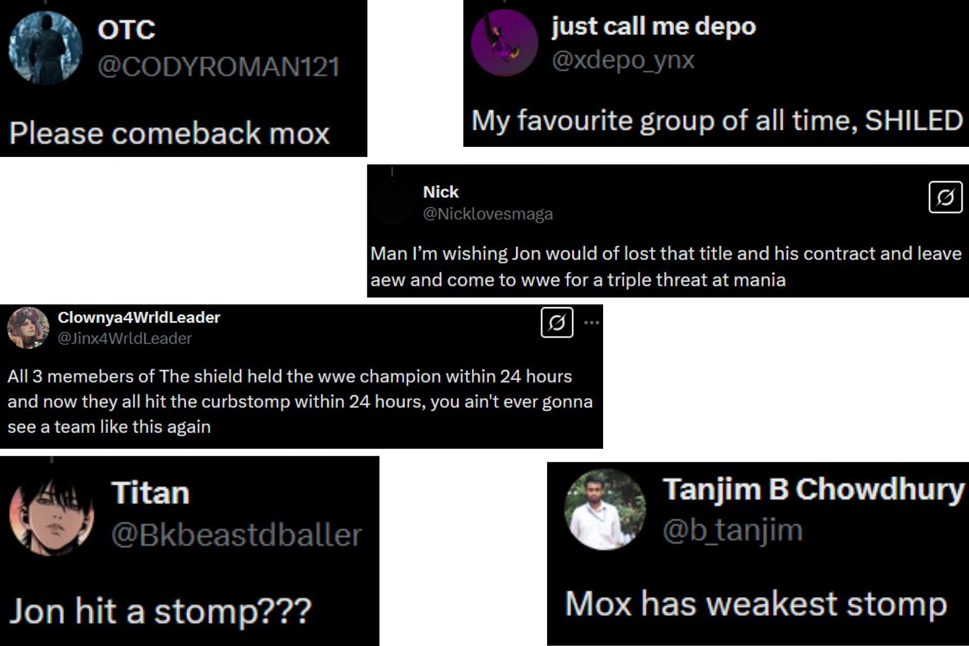 Fans react to Jon Moxley, Roman Reigns, and Seth Rollins using the stomp within a day [Image source: X]