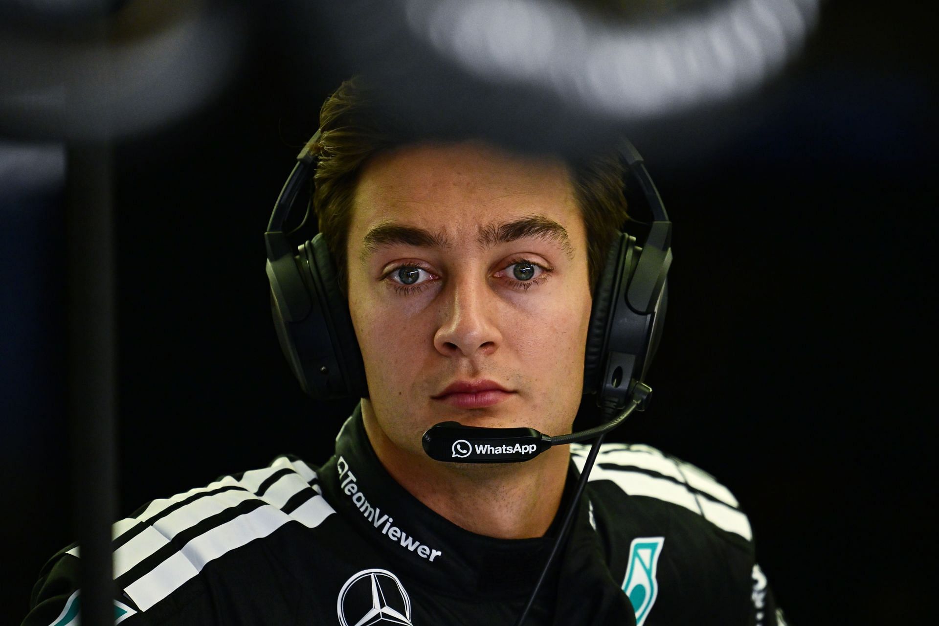 George Russell in the Mercedes garage during Day 1 of F1 Testing in Bahrain - Source: Getty