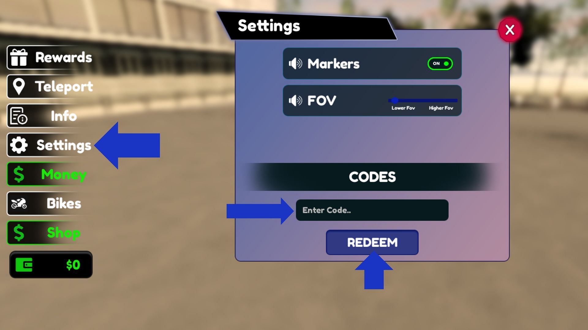 Type or paste an active code to get rewards (Image via Roblox)