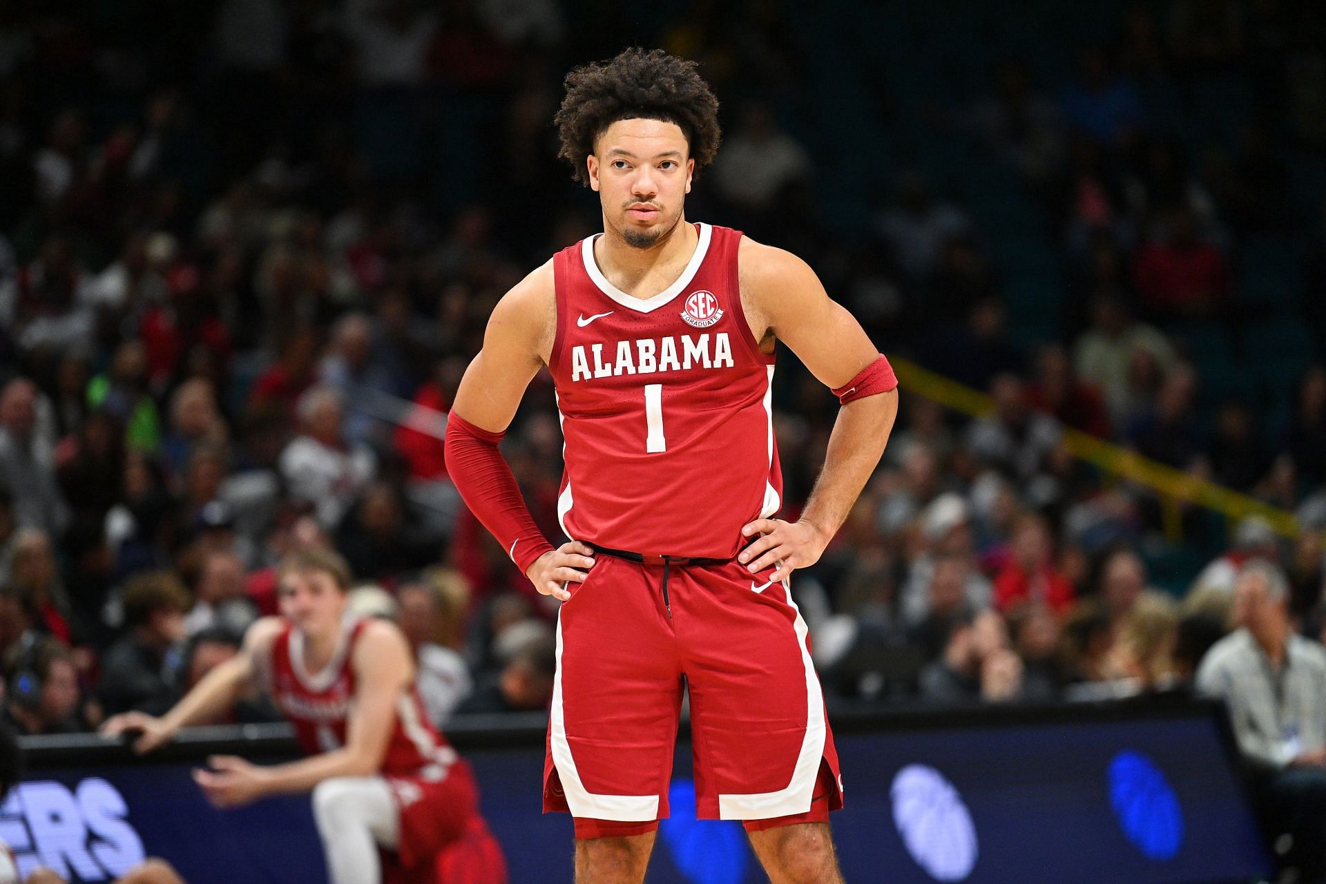 Alabama Crimson Tide guard Mark Sears (1) in action against the Rutgers Scarlet Knights on November 27, 2024 at MGM Grand Arena in Las Vegas. Sears is a finalist for the Bob Cousy Award. Photo: Getty