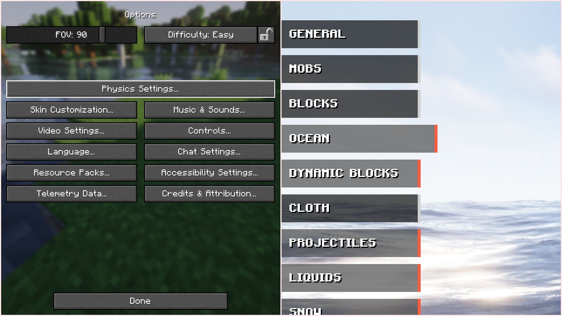 Almost every feature of the Physics mod can be tweaked (Image via Sportskeeda Gaming || Mojang Studios)