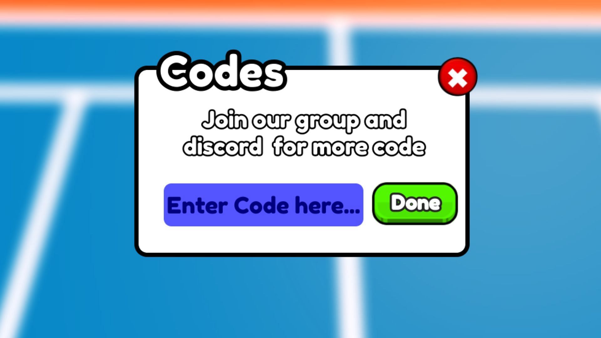 Redeem codes in Tennis Simulator (Image via Roblox)