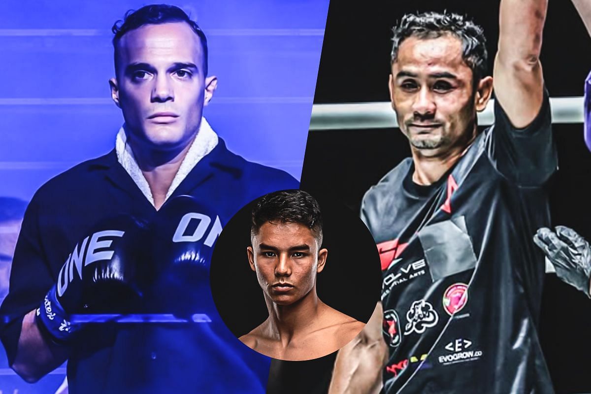 Jonathan Di Bella (left), Sam-A (right), and Johan Ghazali (circle inset). [Photos from ONE Championship]