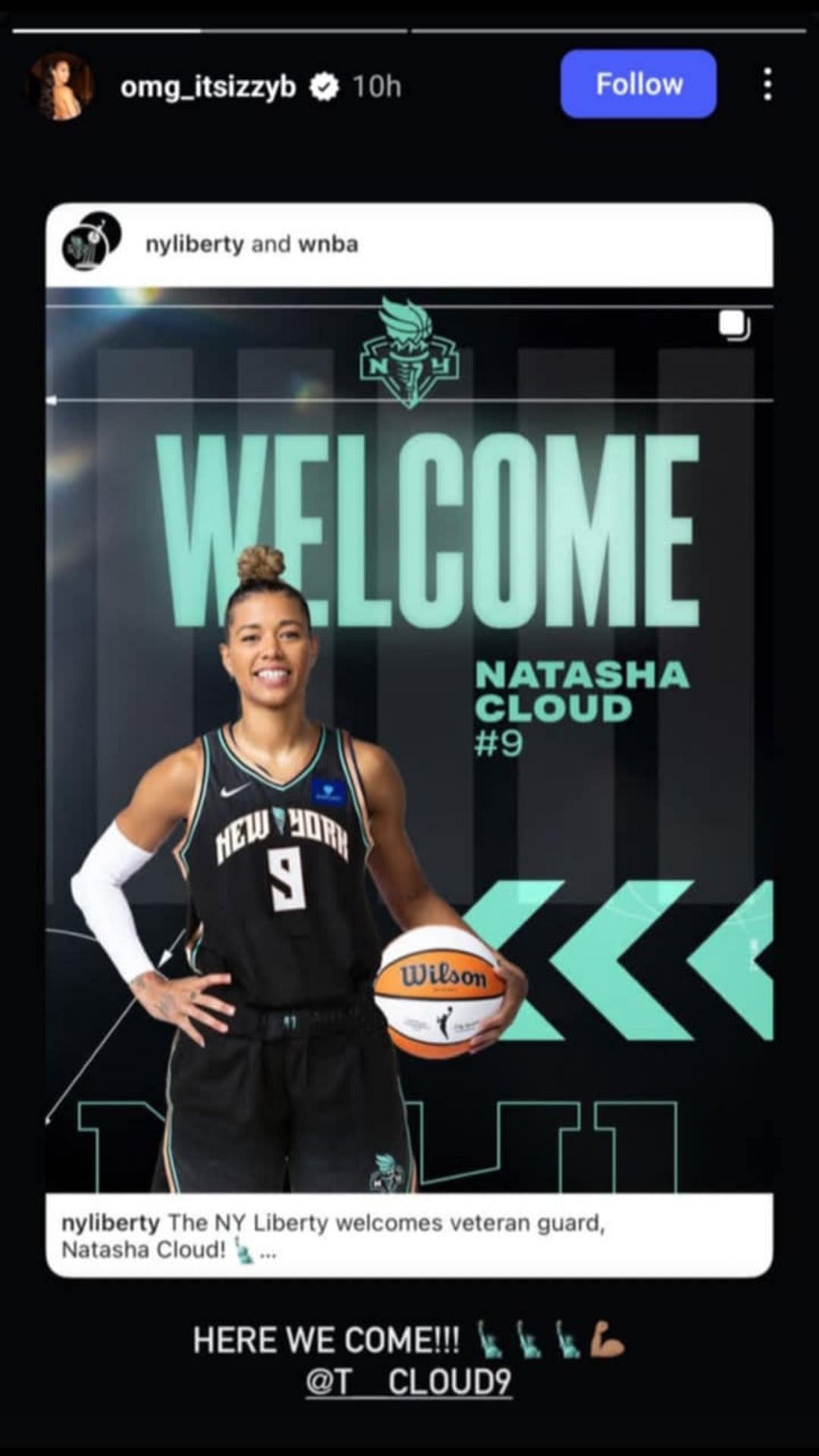 Isabelle Harrison celebrates the addition of Natasha Cloud to the New York Liberty. Credit: Harrison/IG