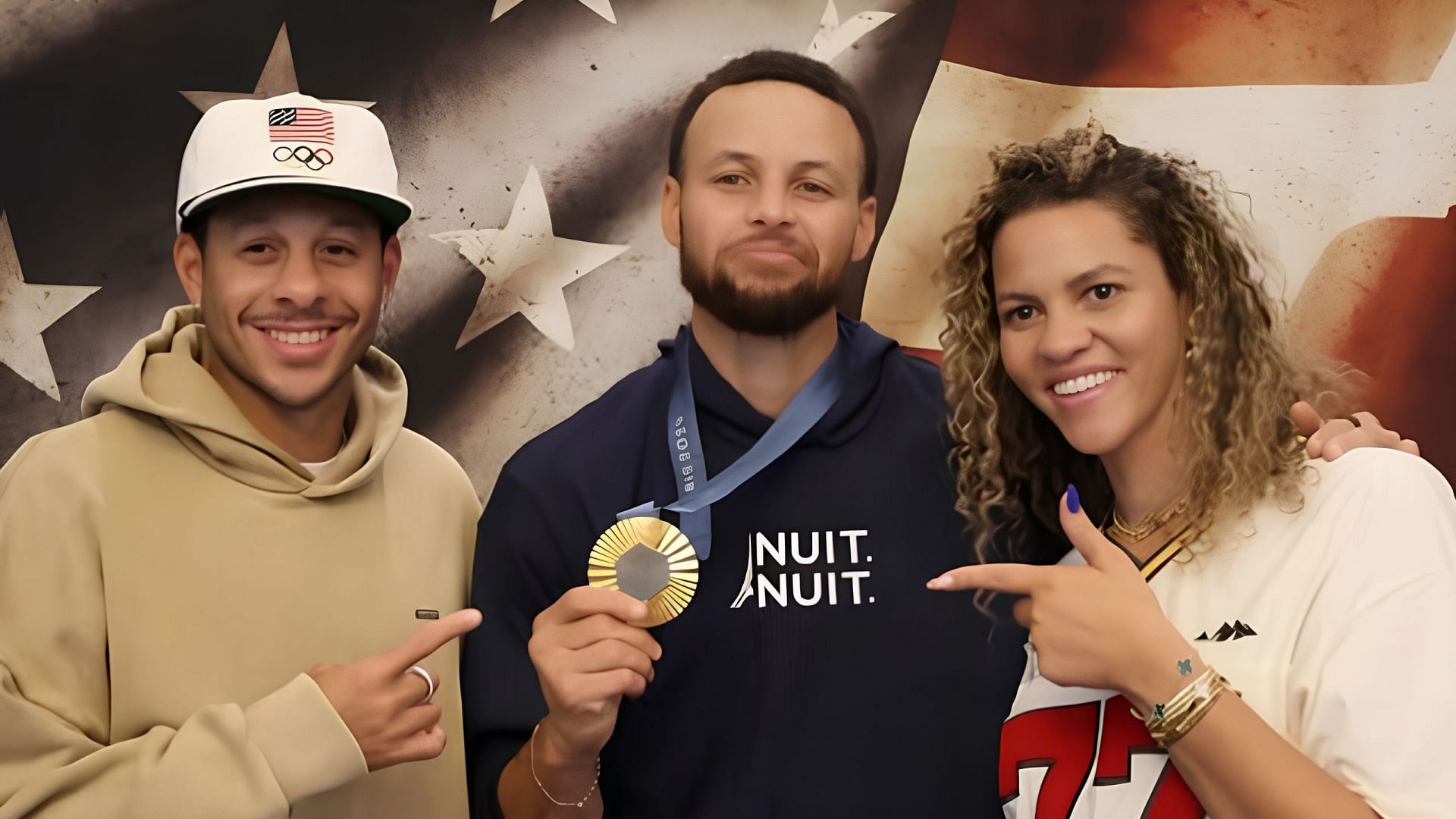 Seth Curry, Steph Curry, and Callie Curry celebrating Team USA