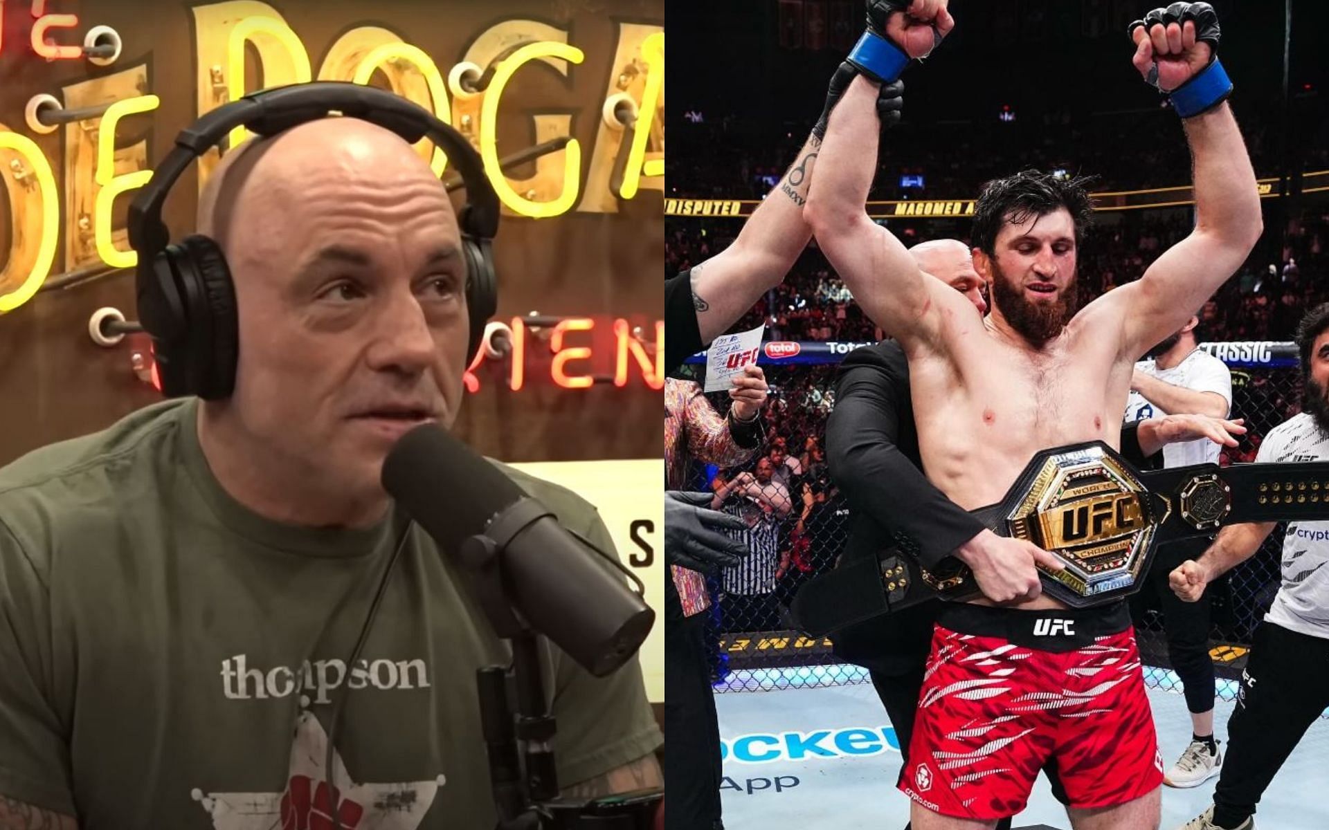 Joe Rogan (left) talks about Magomed Ankalaev (right) and the only loss in his career. [Image credit: Joe Rogan Experience on YouTube, @ufc on Instagram]